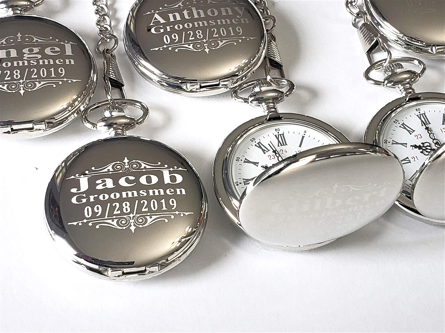6 Custom Personalized Pocket Watches - Gold Wedding Gift Set - Groomsmen Personalized Watches with Chain and Box Included - Engraving Included (Black)