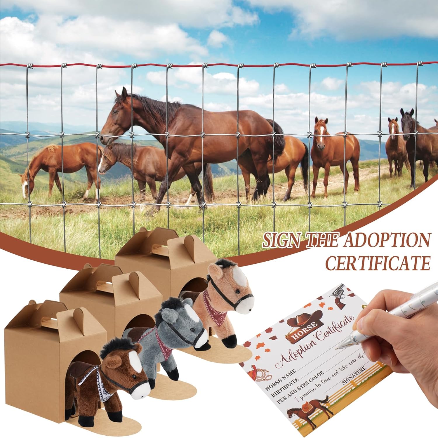 50 Pcs Adopt a Horse Party Supplies, Horse Adopt Party Favor, 12 Stuffed Horse Centerpiece 12 Foldable Boxes 12 Denim Scarf 12 Adopt Certificates Card 1 Adoption Sign for Horse Party Decoration Favor