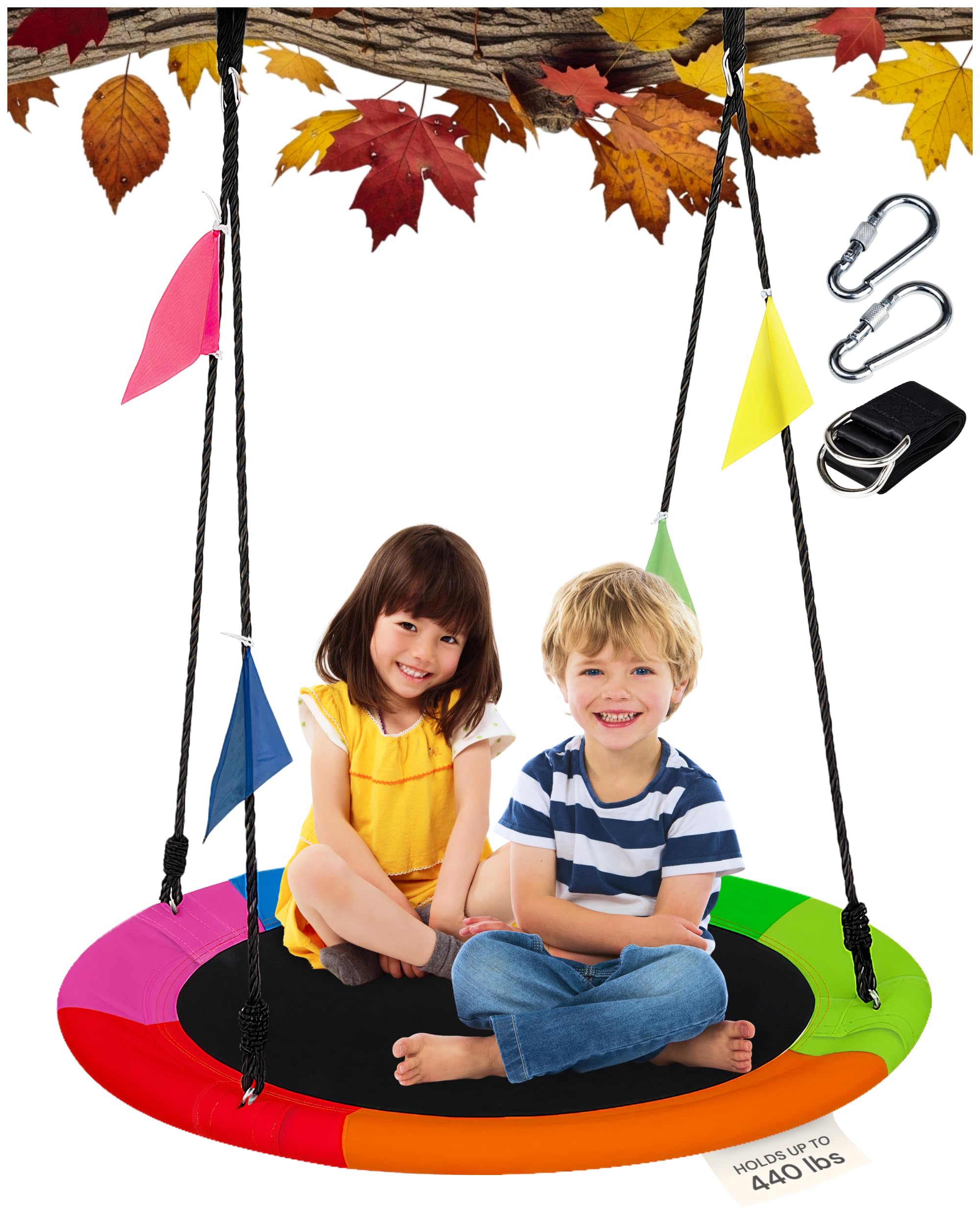 PLAYVIBE 40-Inch Saucer Swing for Kids Outdoor - Multicolor Tree Swing - 440lb Capacity - 600D Oxford Waterproof Fabric & Hanging Straps - Kids Outdoor Toys