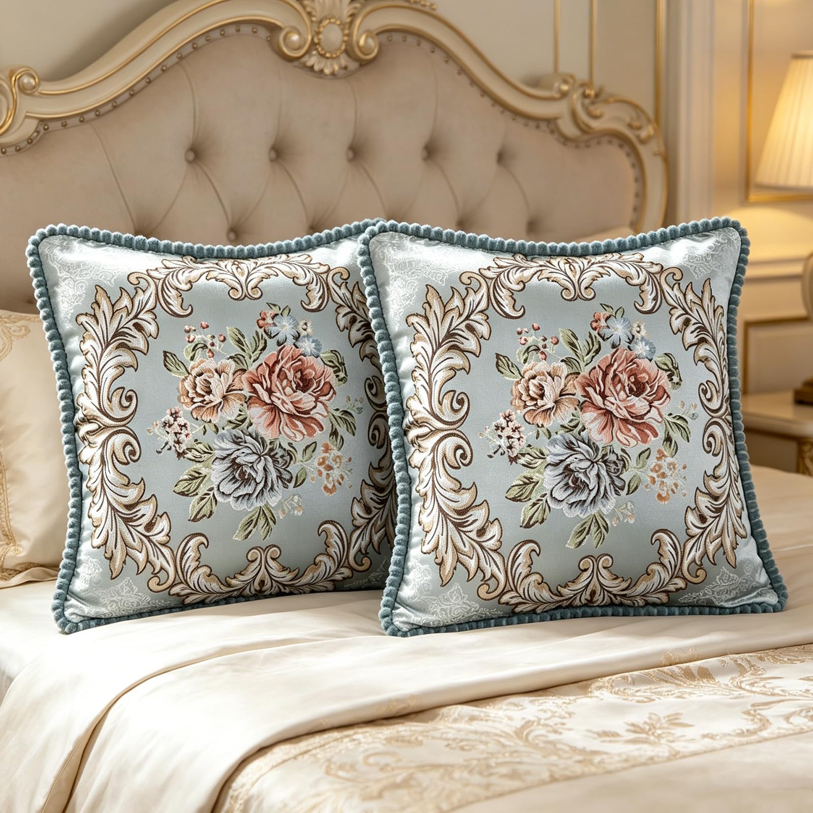 Set di 2 federe per cuscini ricamate vintage per divano, cuscini Euro Sham per letto auto (blu)