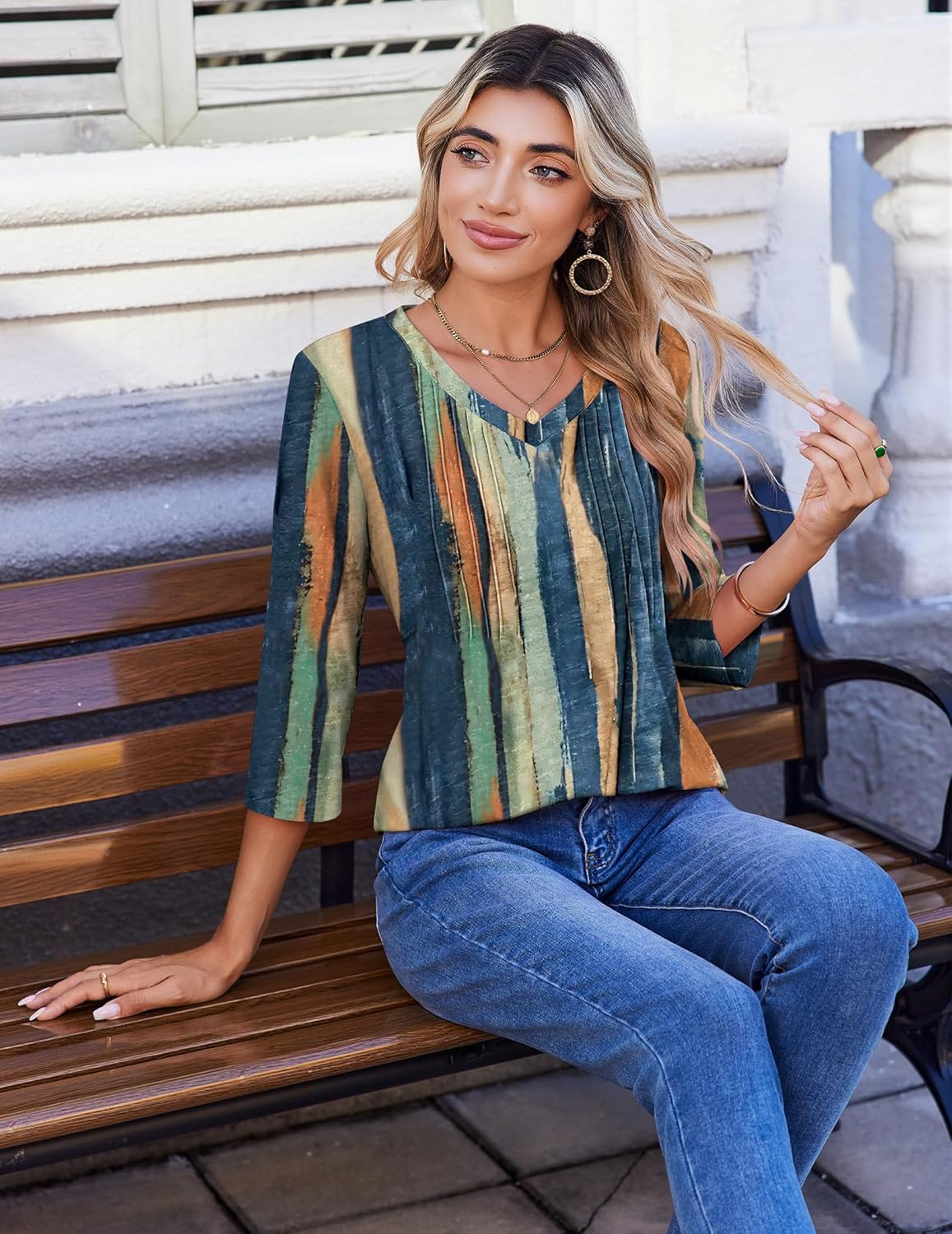 Zeagoo 3/4 Length Sleeve Womens Tops Casual V Neck Pleated Top Boho Floral Blouses Work Shirts - Image 5