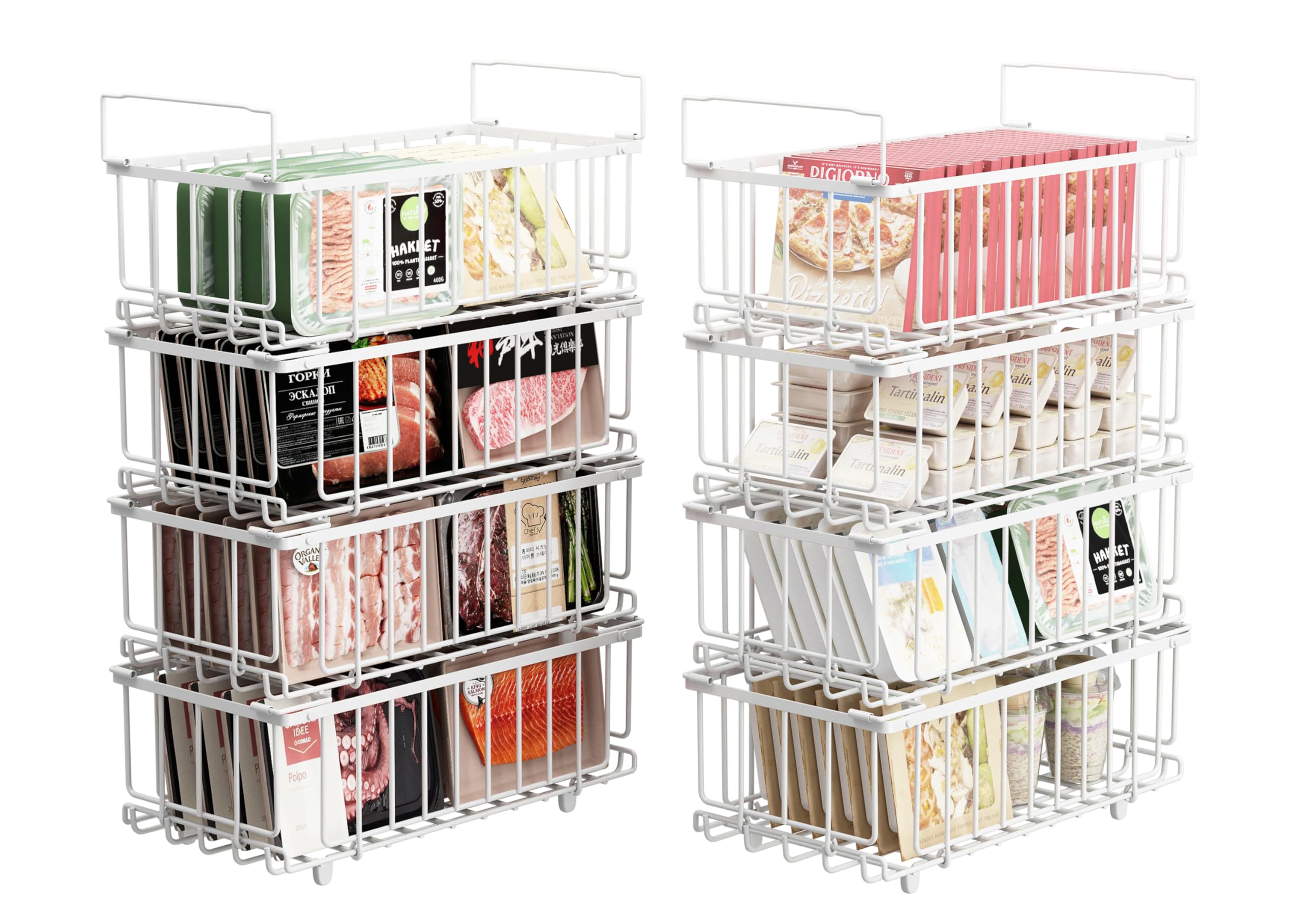 UMDONX Gefrierschrank Organizer Behälter, 8er Stapelbare Metallkorb Gefriertruhe Körbe für 198L,Gefrierschrank Gefriergut Sortieren, Einfacher Zugriff auf Tiefkühlkost Weiß(37x18x15cm)