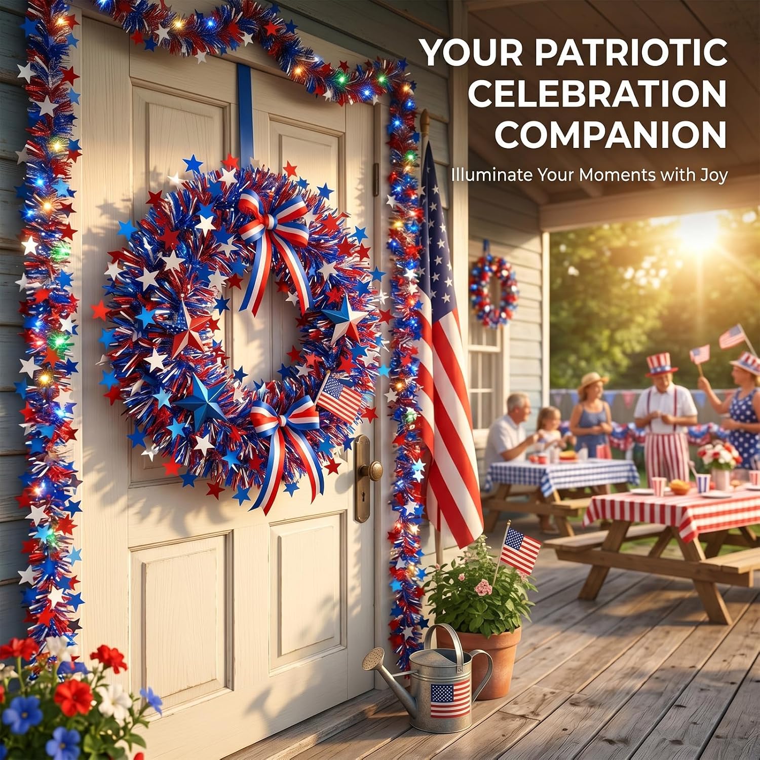 52.5Ft 4th of July Decorations for Tinsel Garland with String Light Red White and Blue Patriotic Stars Outdoor Indoor Flexible Wire Golf Cart & Bike Decor, Americana Memorial Day Decoration