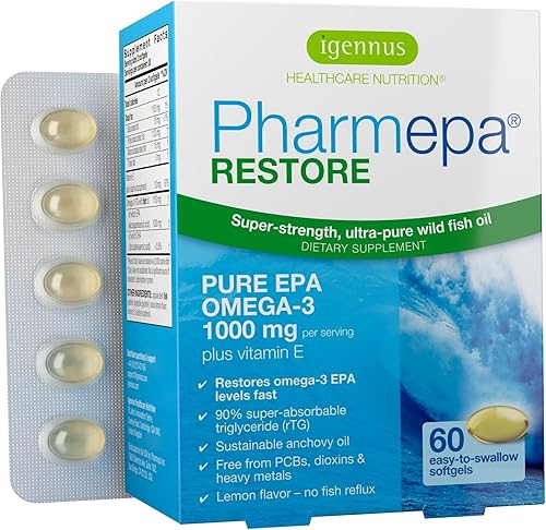 Igennus Pharmepa Restore, Pure EPA 1000 mg, aceite de pescado Omega 3 rTG, certificado IFOS, alta absorción, concentración del 90% de triple fuerza,