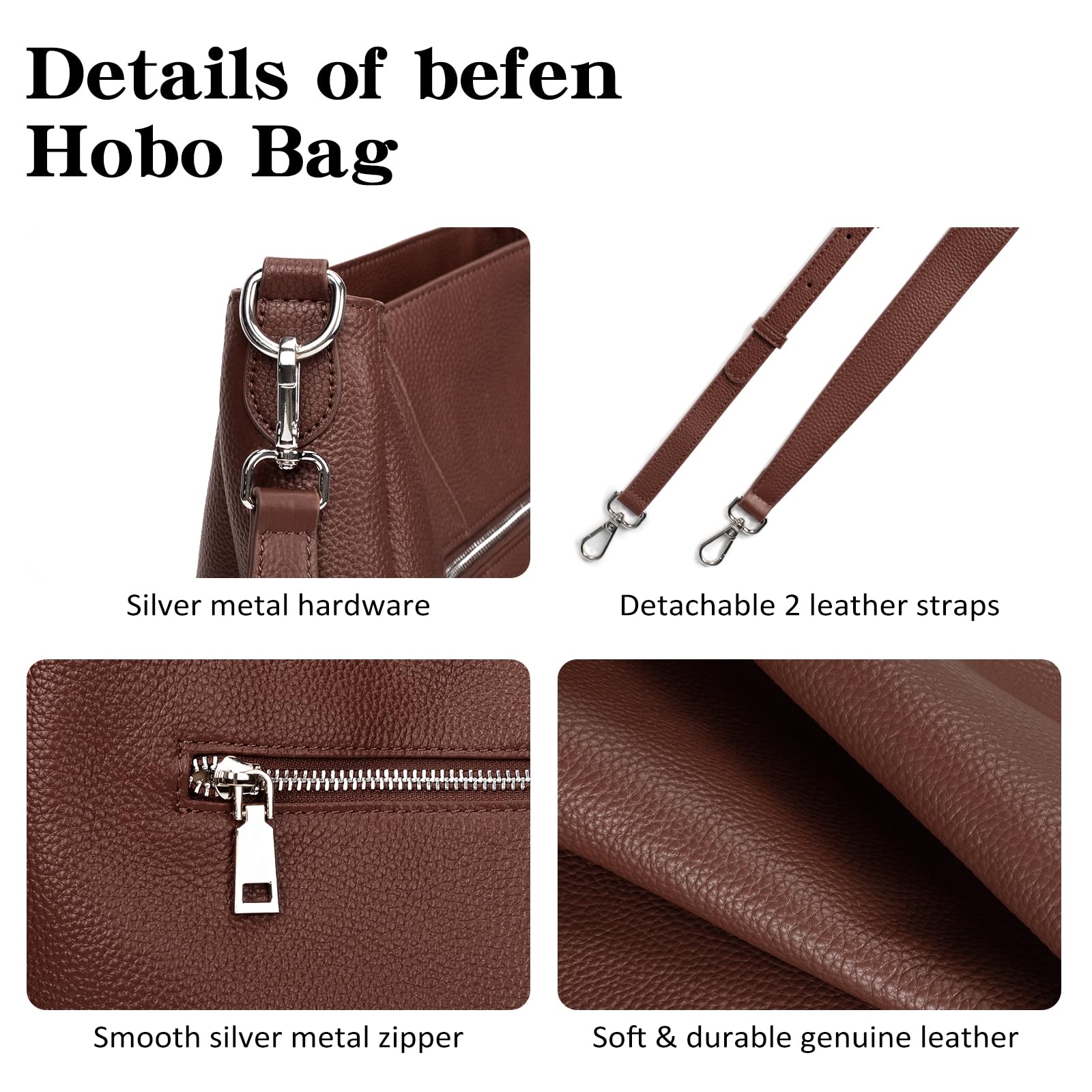 befen Torebki hobo z prawdziwej skóry dla kobiet, damska torba na ramię, torebka crossbody z 2 paskami na ramię