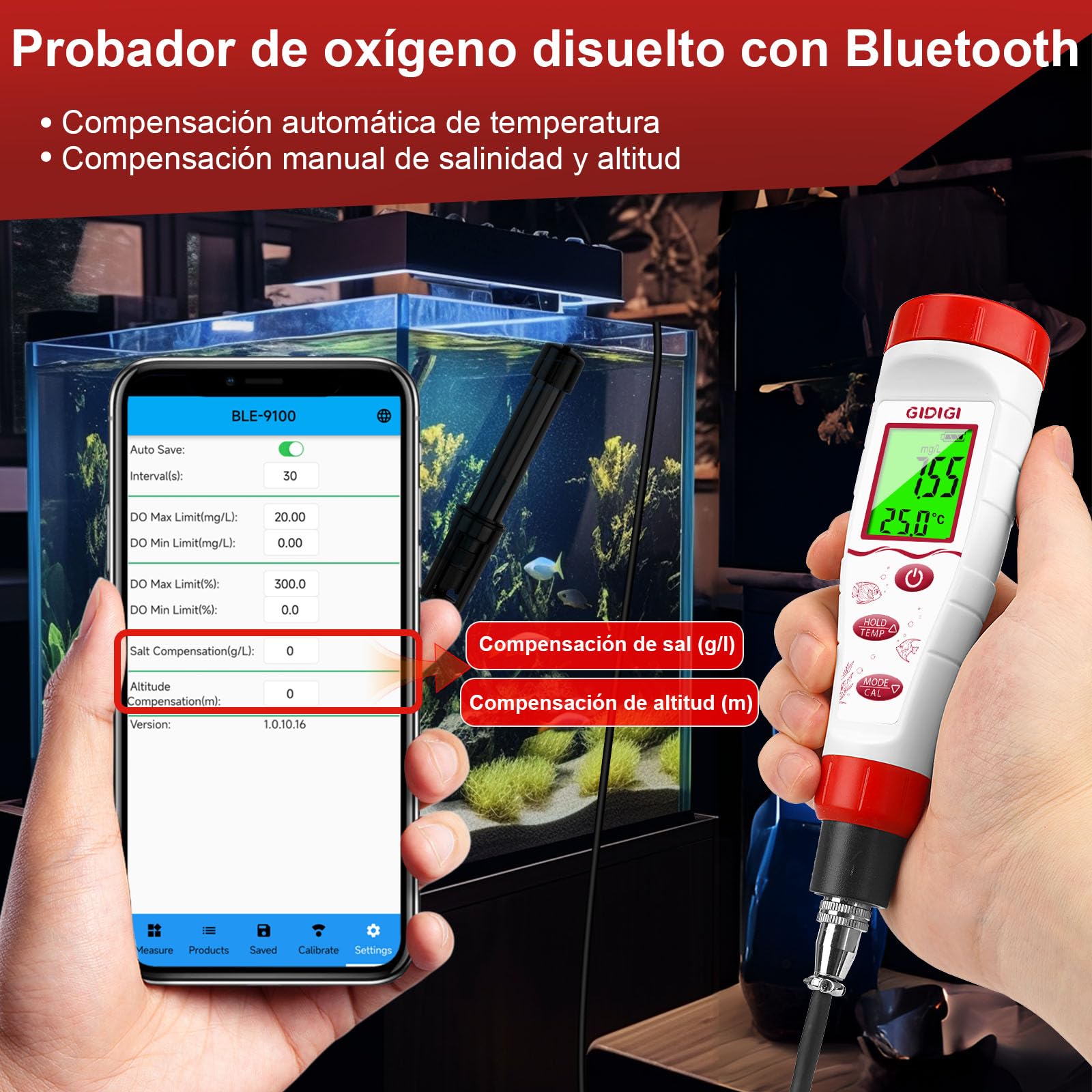 Medidor digital de oxígeno disuelto, GIDIGI Tester de oxígeno disuelto con ATC, medidor DO con cable de sonda DO de 3 metros de largo, kit de prueba de oxígeno disuelto para acuarios, estanques