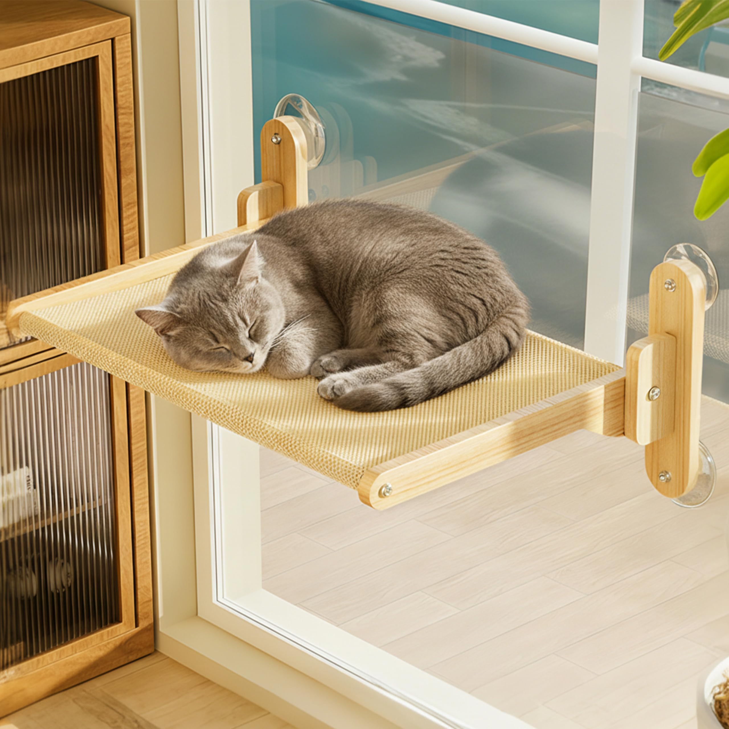 Wooden Cat Window Hammock Bed, Foldable Reinforced Window Perch Discreet Cordless Design with Strong Suction Cup, 2 Breathable Washable Mats Seat for Indoor Cats Sunbathing Holds up to 22lbs, 19"x15"