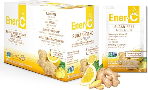 Ener-C Mezcla de bebida multivitamínica de limón y jengibre sin azúcar, 1000 mg de vitamina C, sin OMG, vegano, jugo de fruta real en polvo, apoyo