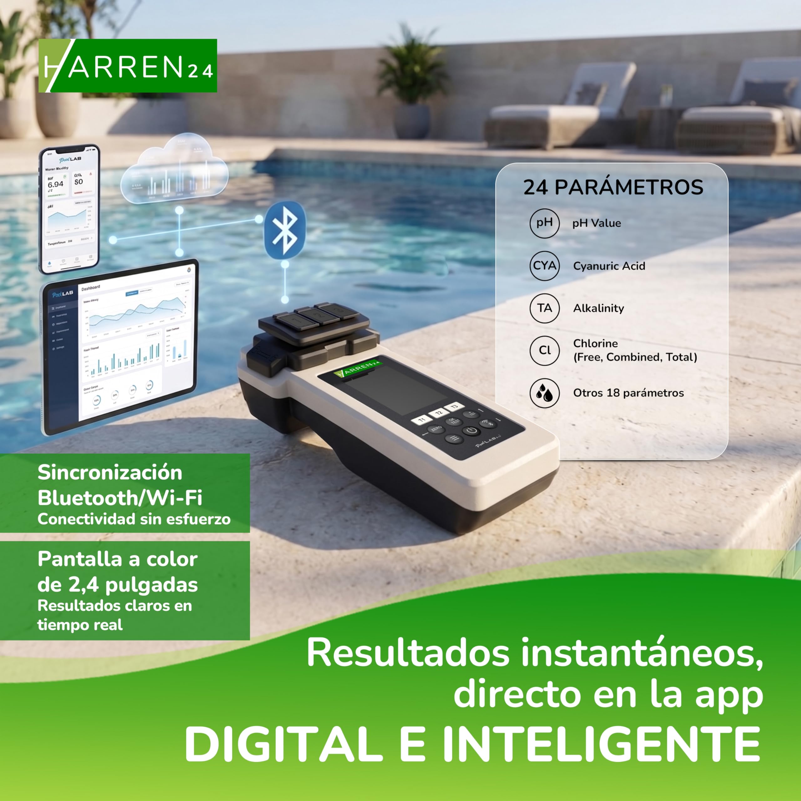 PoolLAB 2.0 Special Edition - Comprobador de agua electrónico (fotómetro) para piscina, Bluetooth, incluye 70 + 100 pastillas de prueba, mezcla de relleno cloro pH Phenol rojo ácido cianúrico