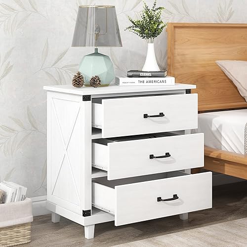 Miniatura 4 de Henf Mesita de noche de 3 cajones, moderna y blanca con patas de madera de pino maciza, cómoda de almacenamiento para dormitorio, sala de estar,