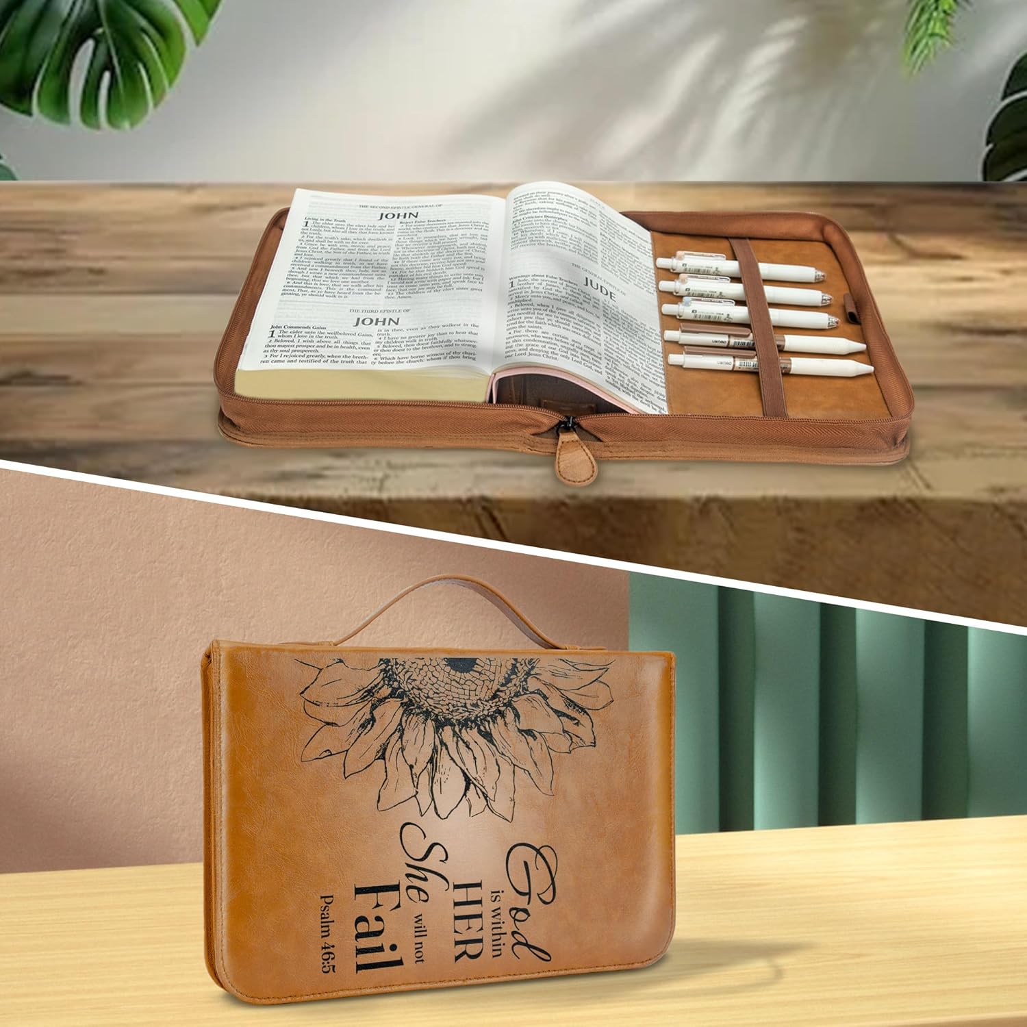 GUEER Bible Cover for Men, Bible Holder, Bible Cover Carrier Carrying Organizer Bag, Zipper and Pockets for Standard Size Bible, Gift for Men (NoLeather Flower)