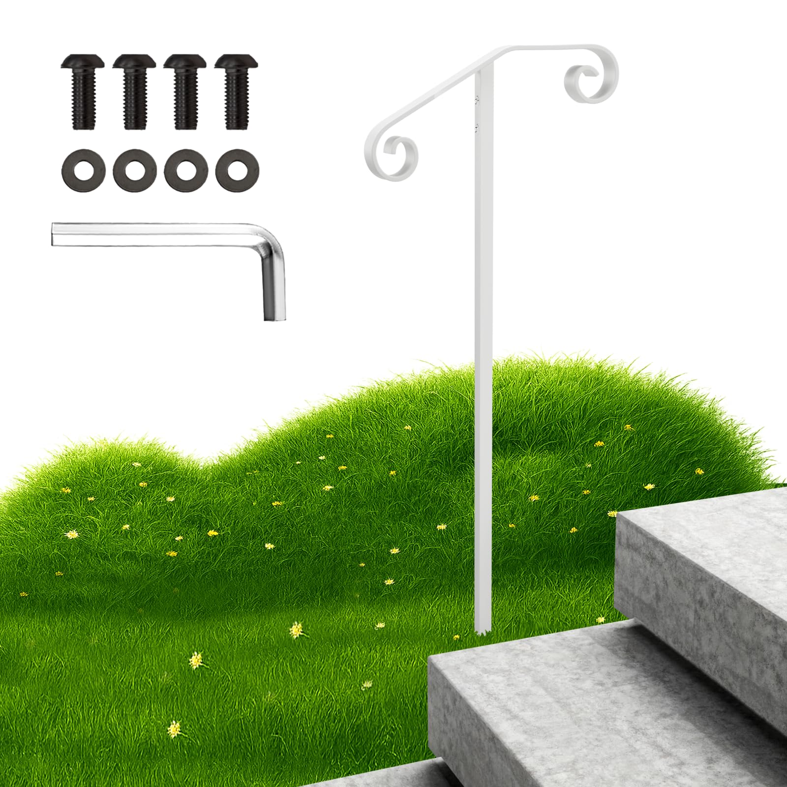 SPACEEUP Single Post Handrail - Fits 1 or 2 Steps, Wrought Iron, White