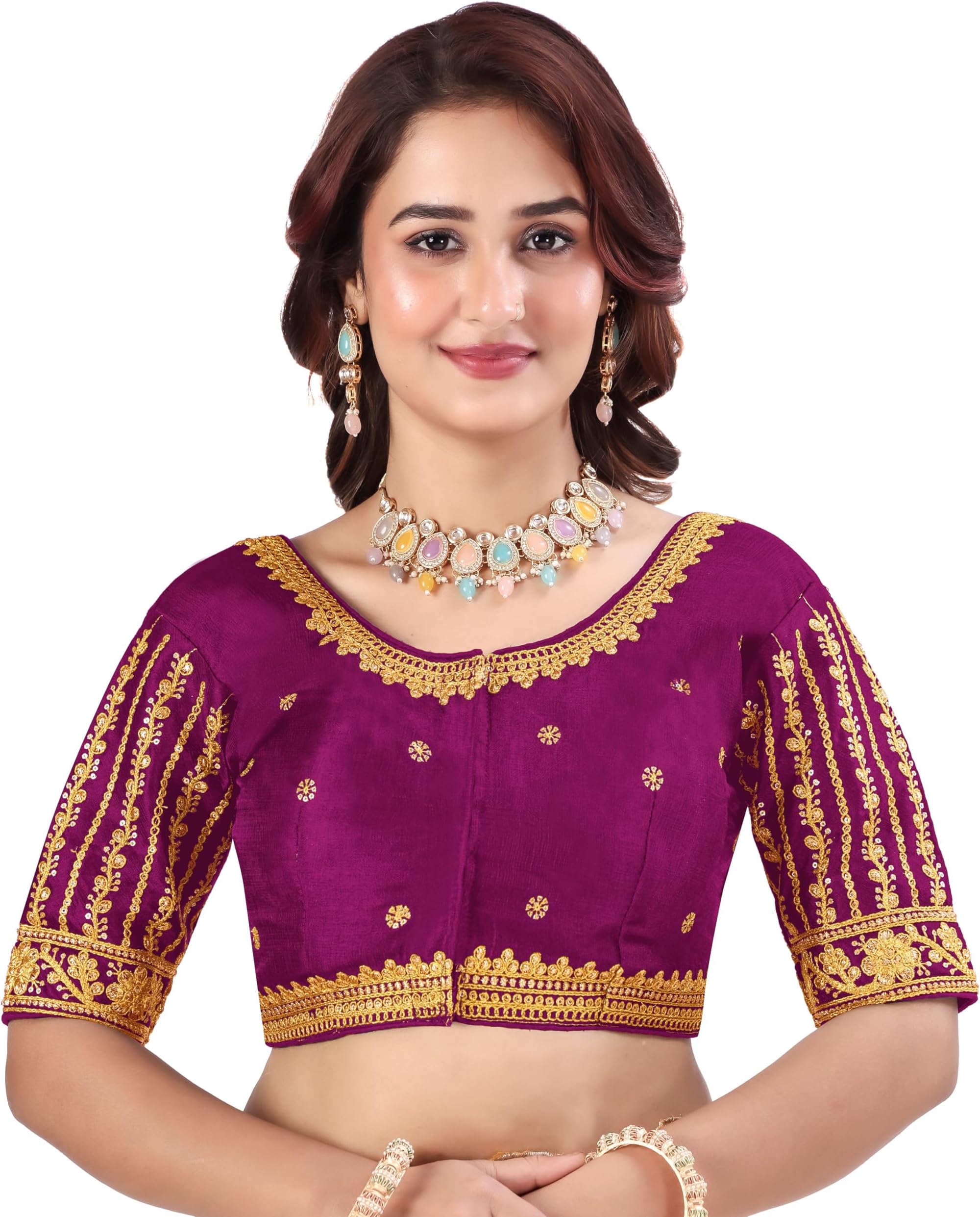 Pujia Mills Women's Readymade Blouse Embroidery Multi Coding Gold Thread Indian Ethnic Designer Stitched Readymade Saree Half Sleeve Blouse for Women for Saree Lehenga Choli