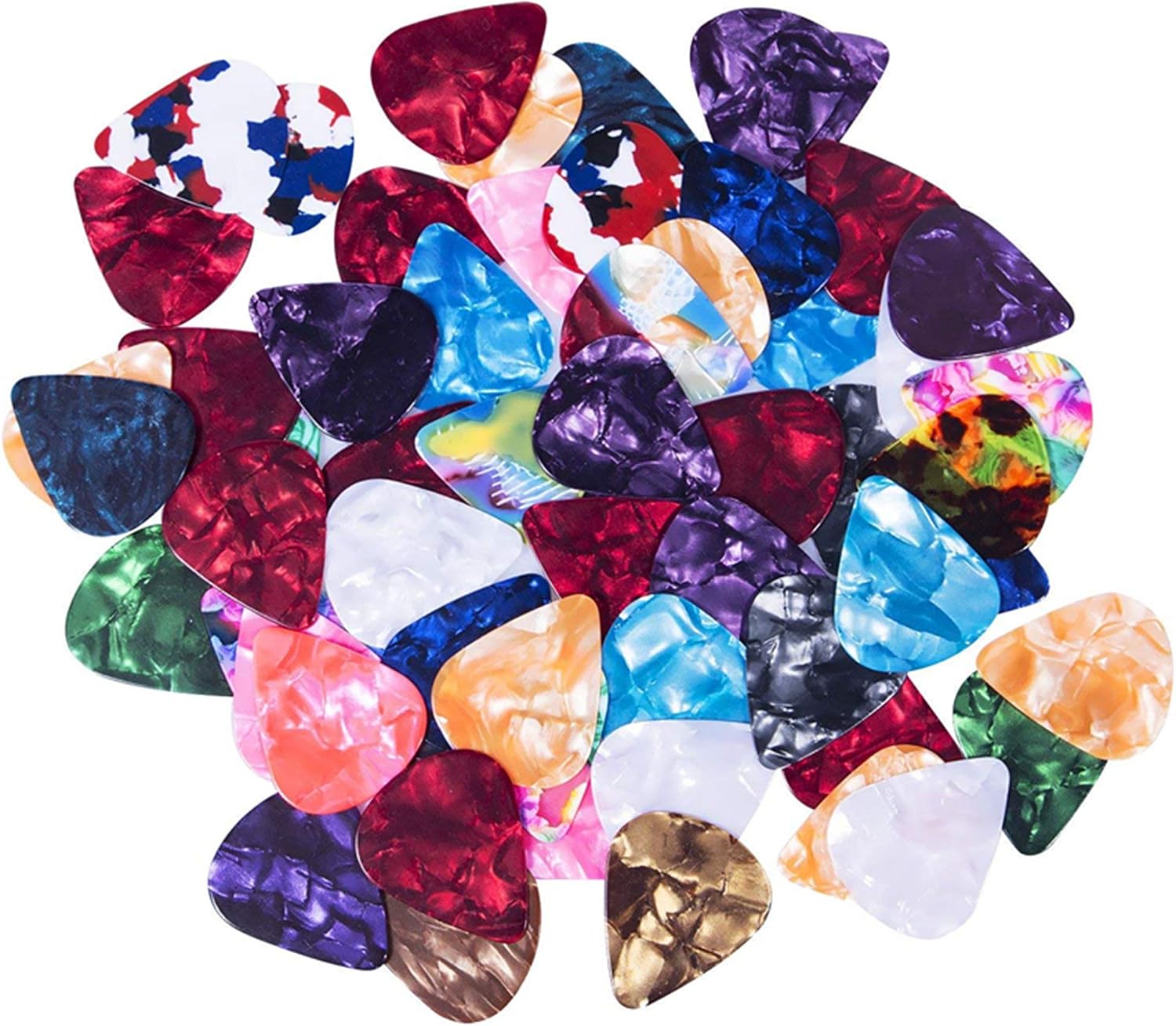 Guitar Picks Medium Gauge Assorted Pearl Variety Sampler Pack Celluloid - 50 Pcs Mixed Colorful - Plectrums for Gift Acoustic Guitar, Bass and Electric Guitar - 0.71mm