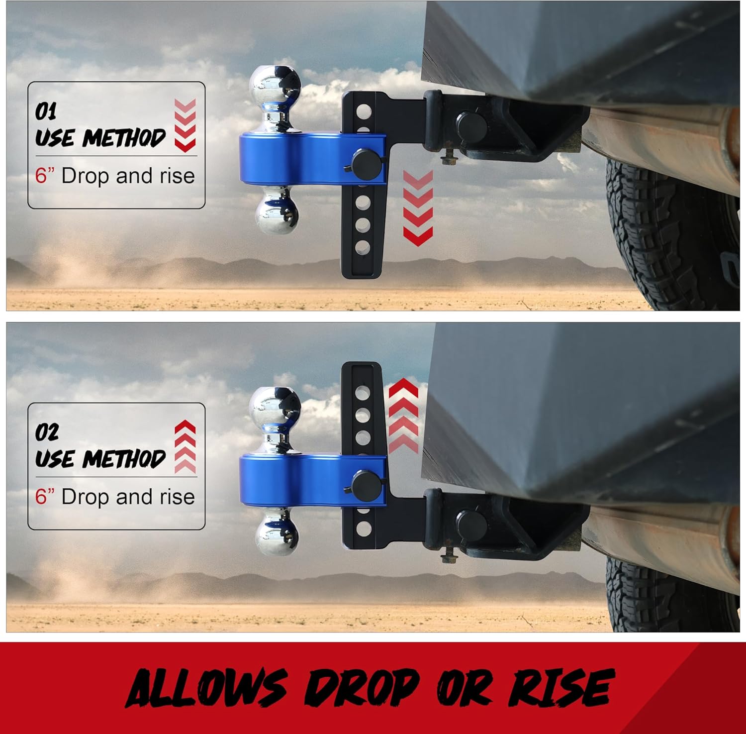 DBXB-RV Adjustable Trailer Hitch Fits 2-Inch Receiver, 6-Inch Drop/Rise, 2'' & 2-5/16'' Ball mounts, 12,500 lbs GTW, Heavy Duty Aluminum Tow Hitch, Double Anti-Theft Lock Pin. Fit Truck & SUV. Silver.