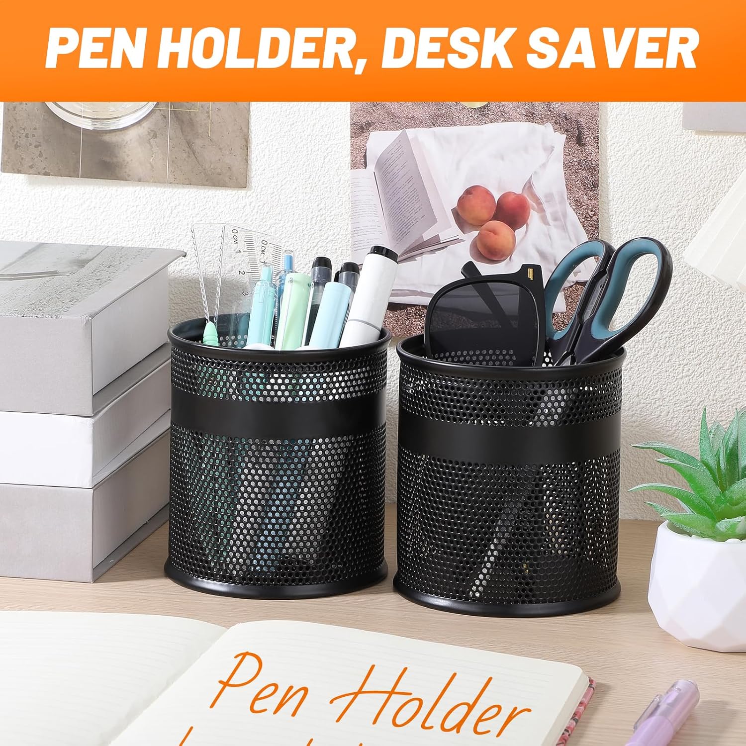 Segarty Pen Cup, 6 Pack Black Pen Holder for Desk, 3.9 x 4.2 inch Large Mesh Round Pencil Container Set Marker Holder Organizer for Office Supply, Desktop Accessories, School Student Teacher