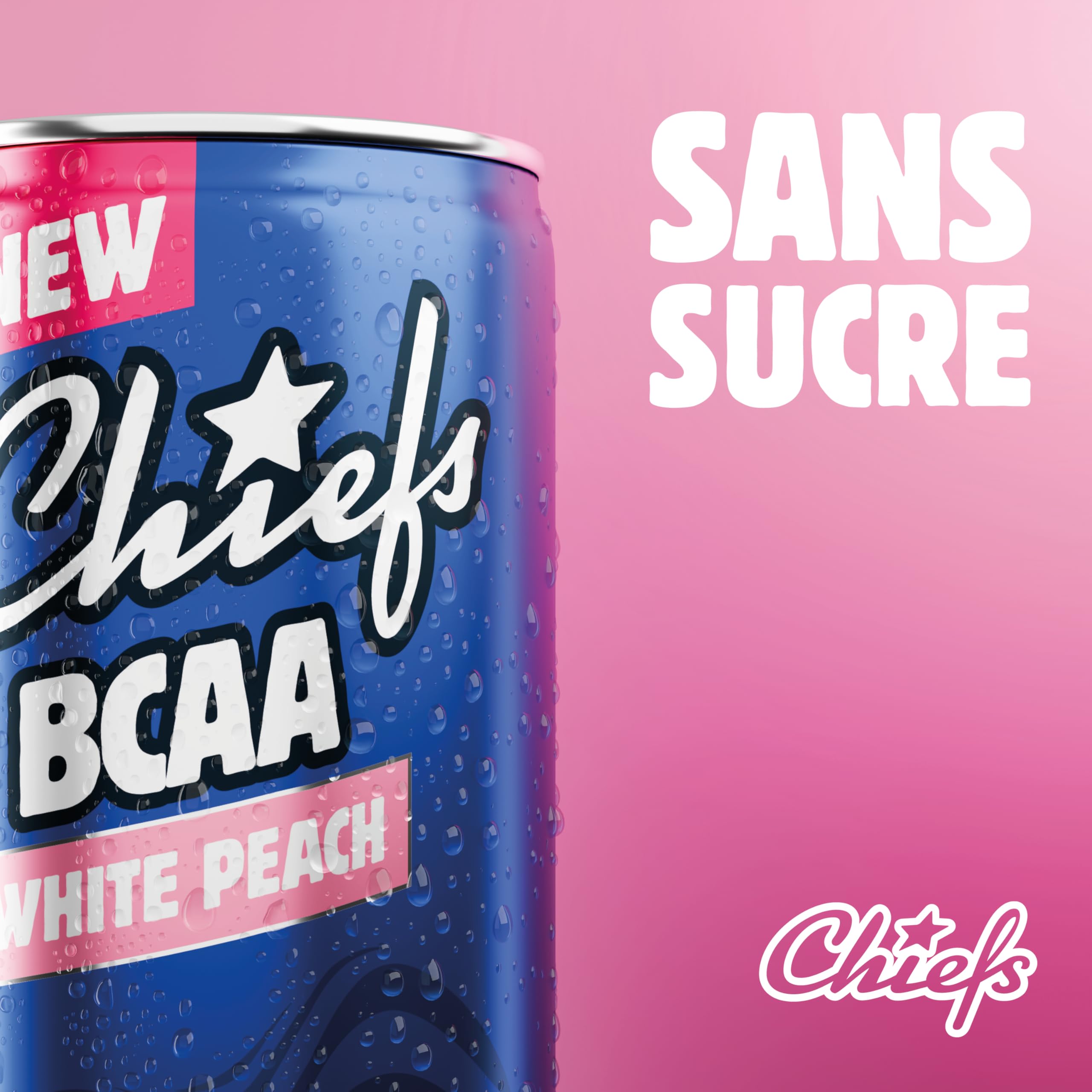 CHIEFS Boisson énergisante goût Pêche Blanche, 180 mg de caféine, 24x330ml boissons énergétiques, Sans Sucre et avec BCAA (White Peach)