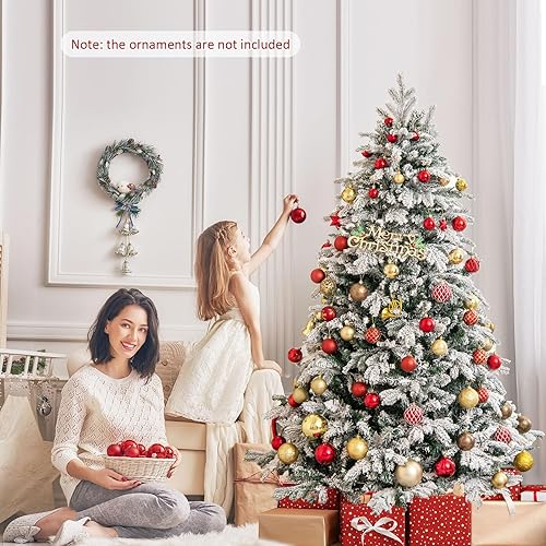 Miniatura 8 de Goplus Árbol de Navidad flocado de nieve preiluminado de 6 pies, árbol de Navidad artificial con bisagras con 1415 puntas de rama, hojas mixtas de