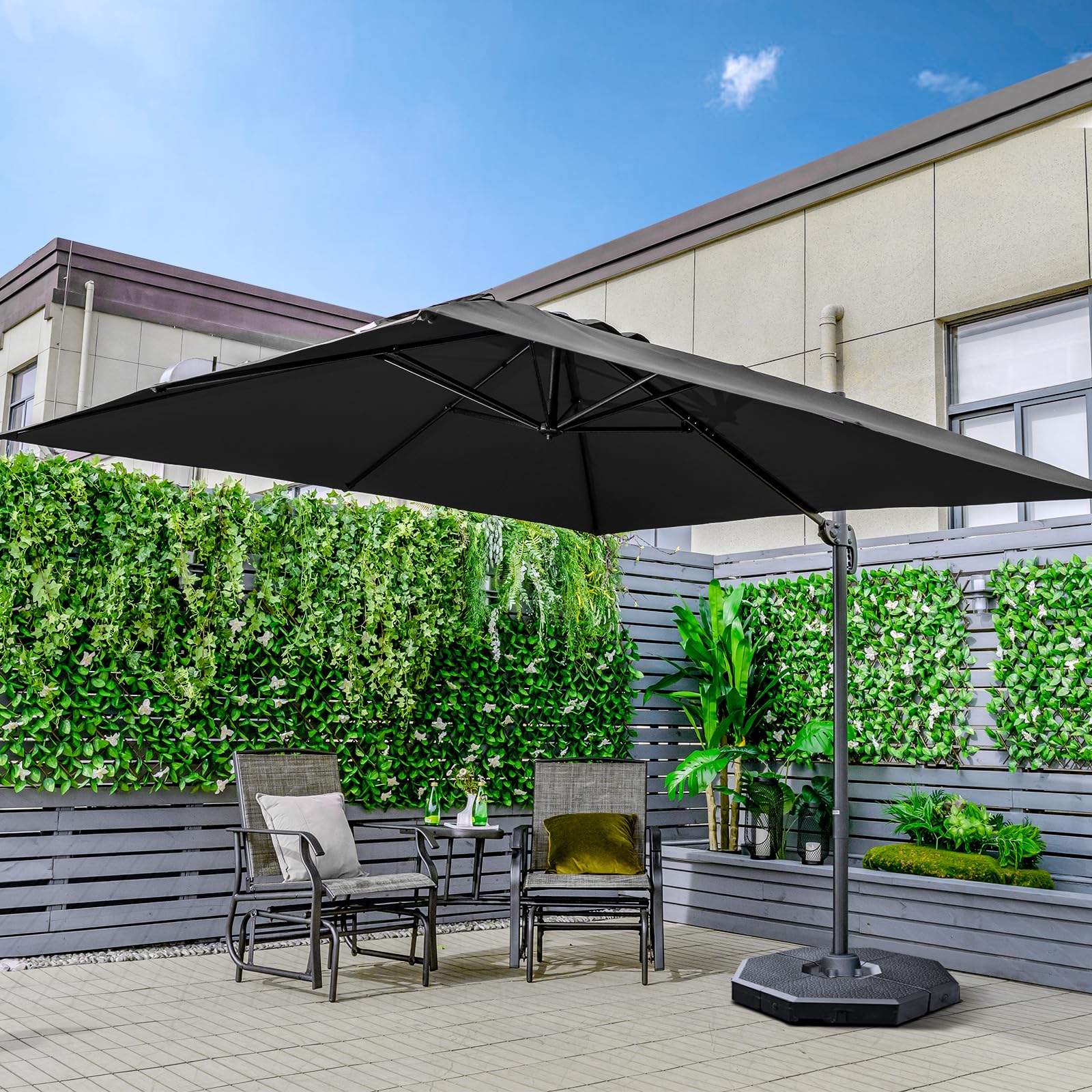 COSTWAY Sombrilla Terraza Exterior 3x3M con Base Cruzada, Sombrilla Rectangular 3 Inclinaciones, Rotación 360°, Parasol Excentrico Grande Jardin Terraza Playa Exterior
