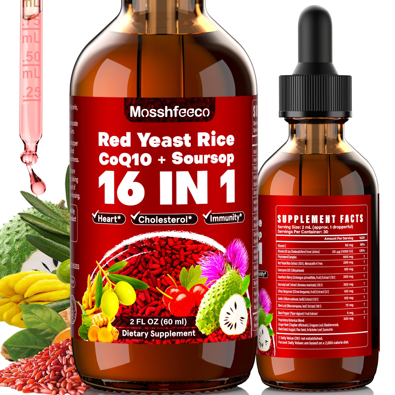 Red Yeast Rice with CoQ10 & Soursop Leaf Extract - Vegan Cholesterol Support Supplement with Red Yeast Rice Extract, Promotes Heart & Immune Health, Non-GMO-2 Fl Oz 2 Fl Oz (Pack of 1)