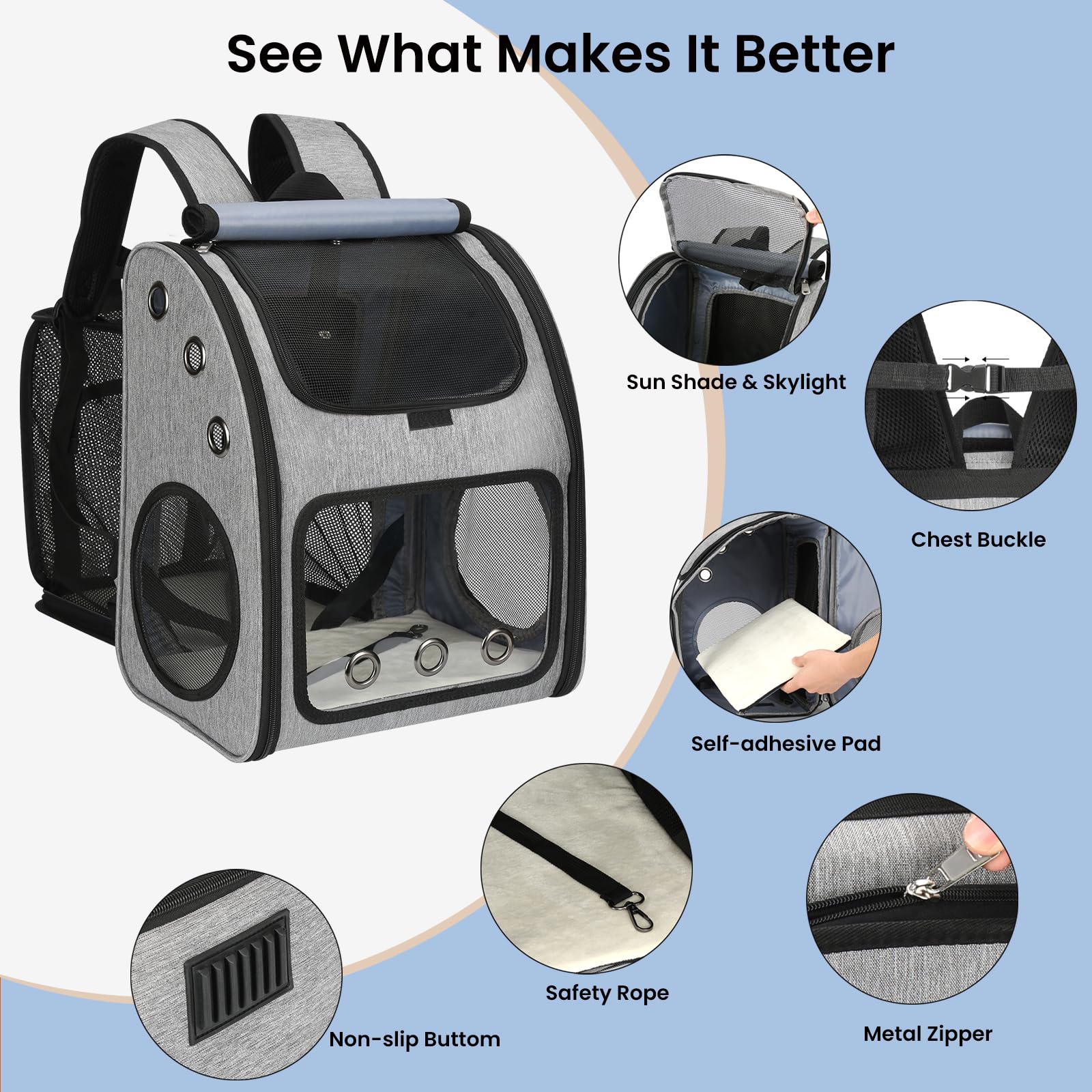 Expandable Pet Carrier Backpack for Cats, Dogs and Small Animals, Portable Pet Travel Carrier, Super Ventilated Design, Airline Approved, Ideal for Traveling/Hiking/Camping, Grey, XL - image 3