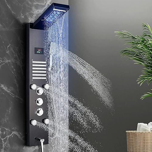 FUZ - Sistema de torre de ducha contemporánea de acero inoxidable de 6 funciones grifo led de cascada con rociador de mano boquillas de masaje tipo