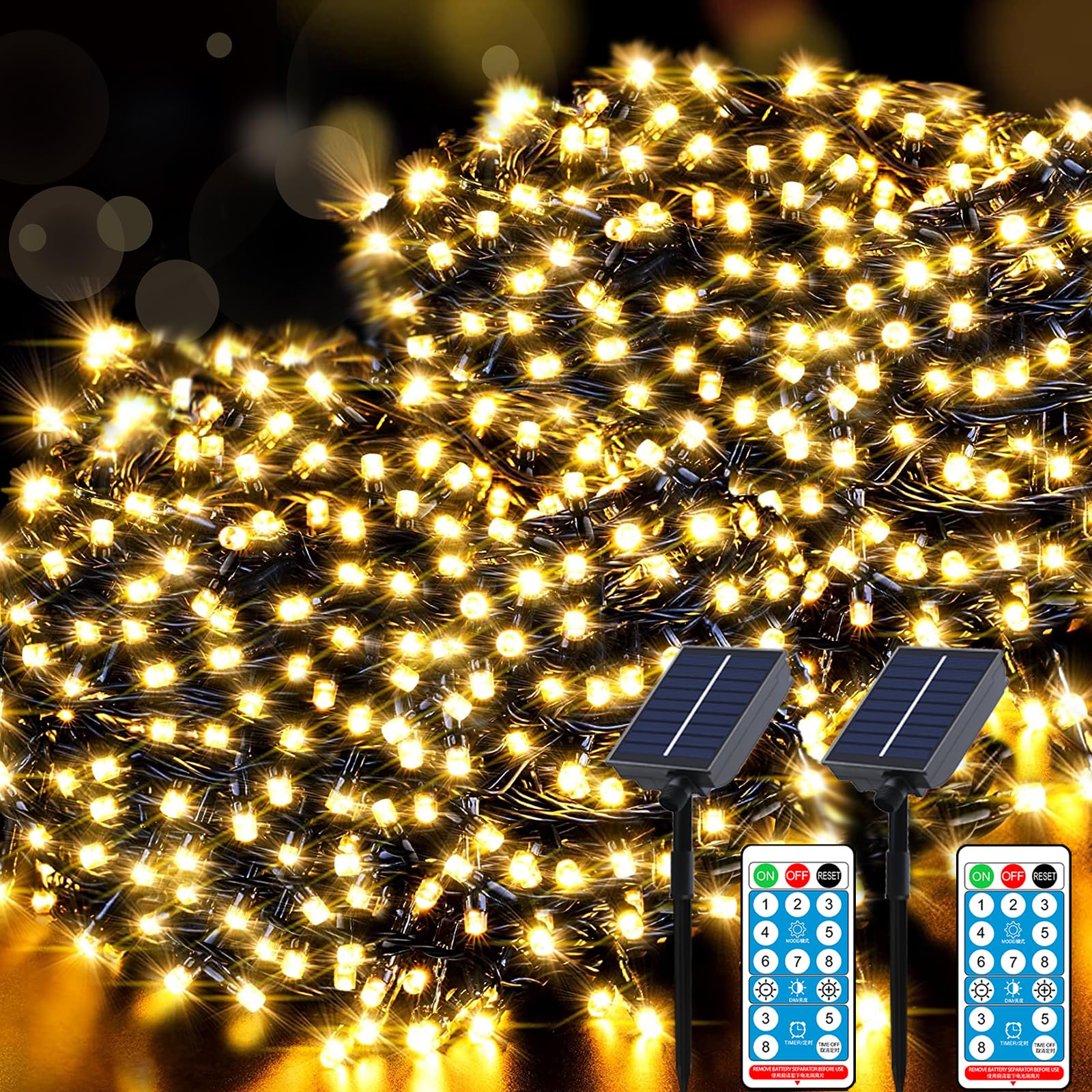 Catena di luci solari per esterni, 30 m, 300 LED, catena di luci a LED, per esterni, con 8 modalità + timer + telecomando, resistente alle intemperie, per balcone, 2 pezzi, bianco caldo