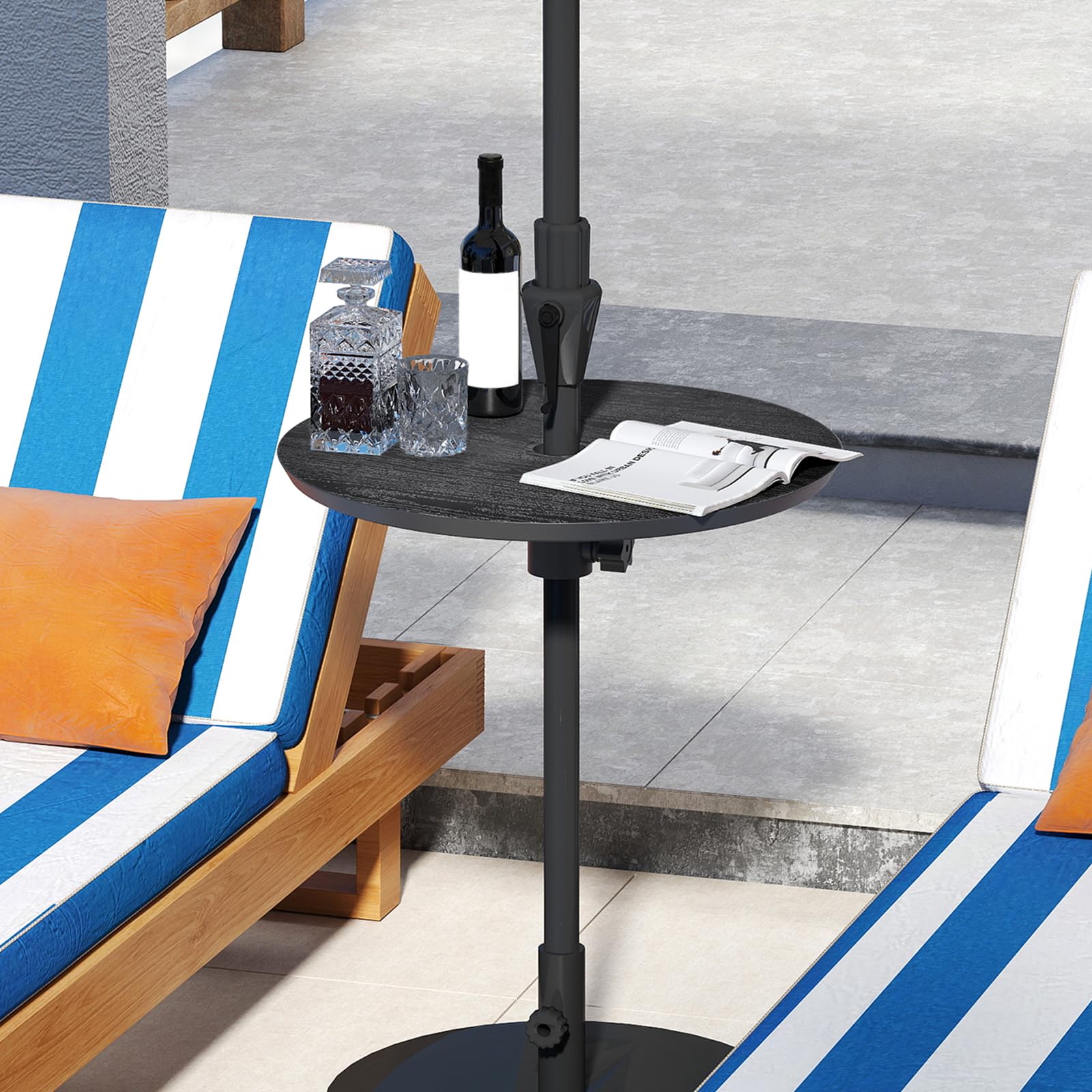 COSTWAY Table de Parasol de Jardin Ø50 cm, Trou pour Parasol de 38/48 mm, Plateau Rond en HDPE, Hauteur Réglable, Imitation Grain de Bois, Montage Facile, pour Piscine Jardin Plage (Noir)