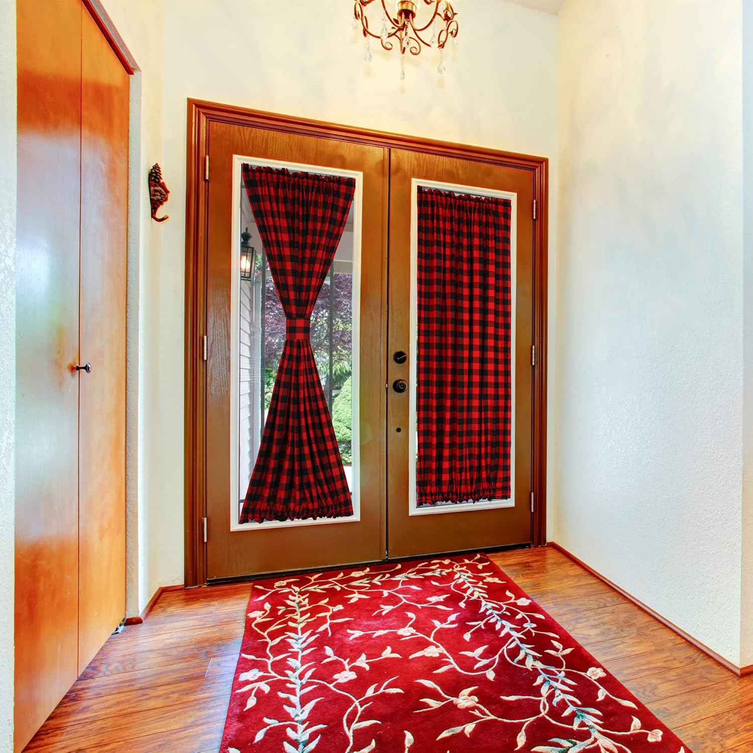 Side Light Sheer French Door Curtains 72" Long Black and White Buffalo Check Door Panels for Front Patio Door Sliding Glass Door with Tieback, Set of 2