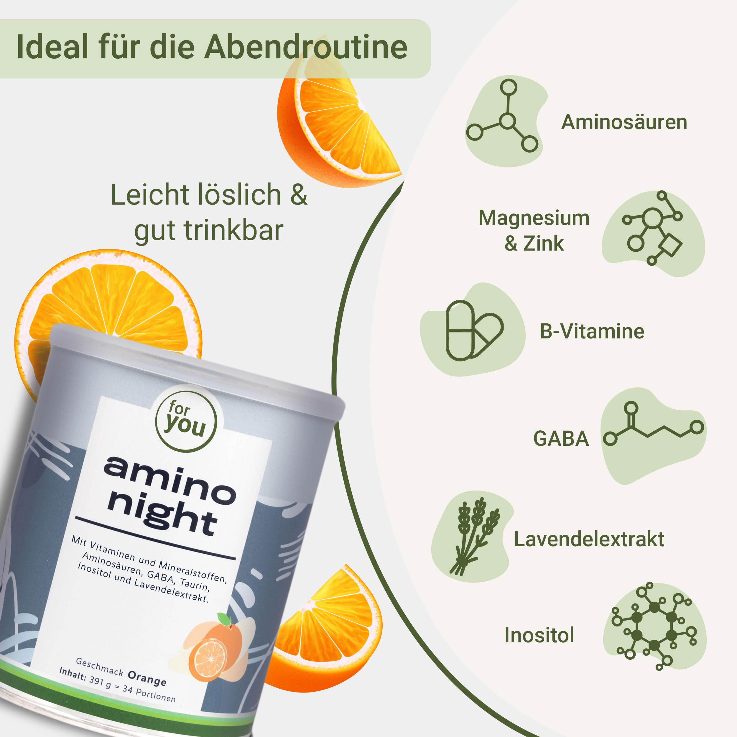 for you amino night I Pulver für die Nacht mit GABA, Lavendel, L-Glutamin, L-Tryptophan & Inositol I 391g versetzt mit Magnesium, Zink & Vitamin B6 | (Doppelpack Orange)