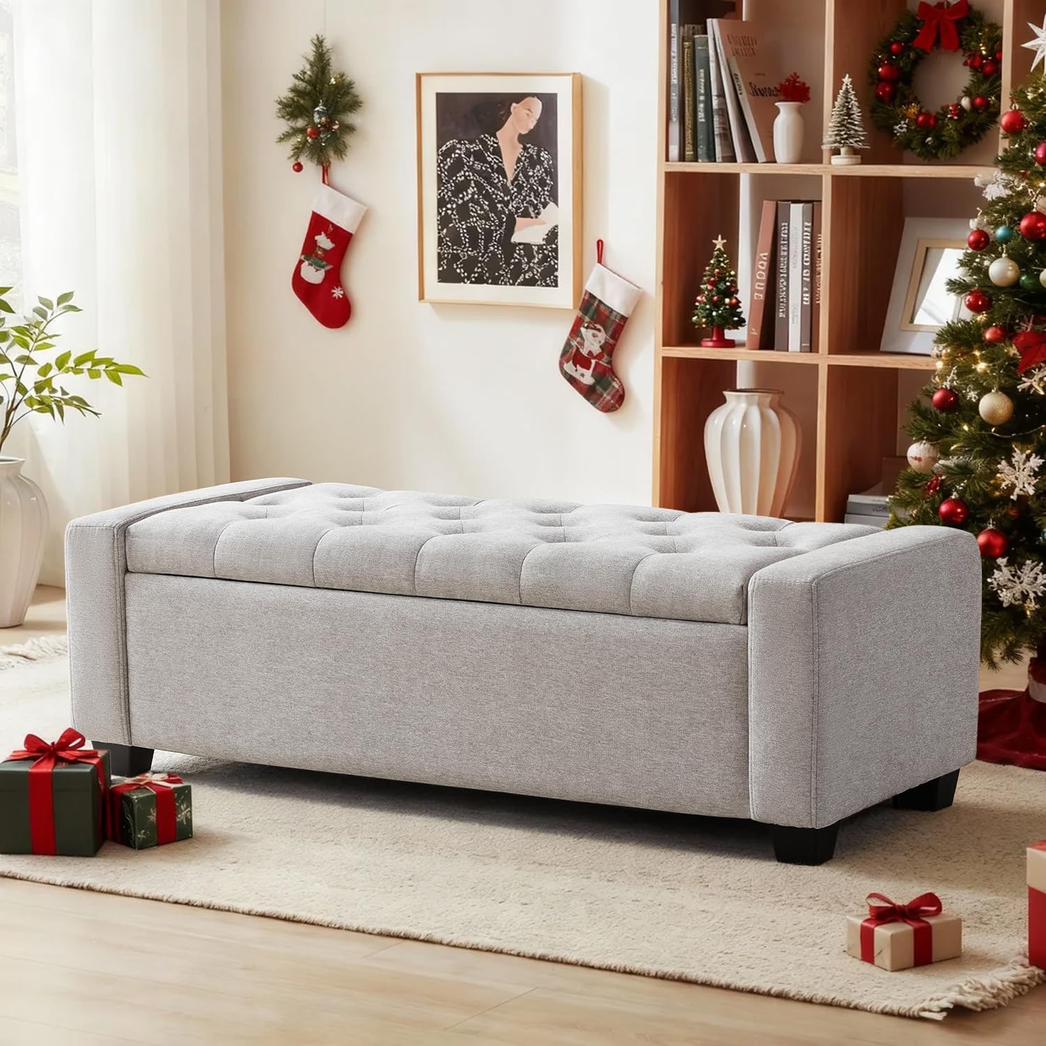 Ottoman with Storage, Storage Ottoman Bench with Safety Hinge, Upholstered Storage Bench with Seating for Bedroom, Living Room, Holds up to 330 lb(Light Gray)