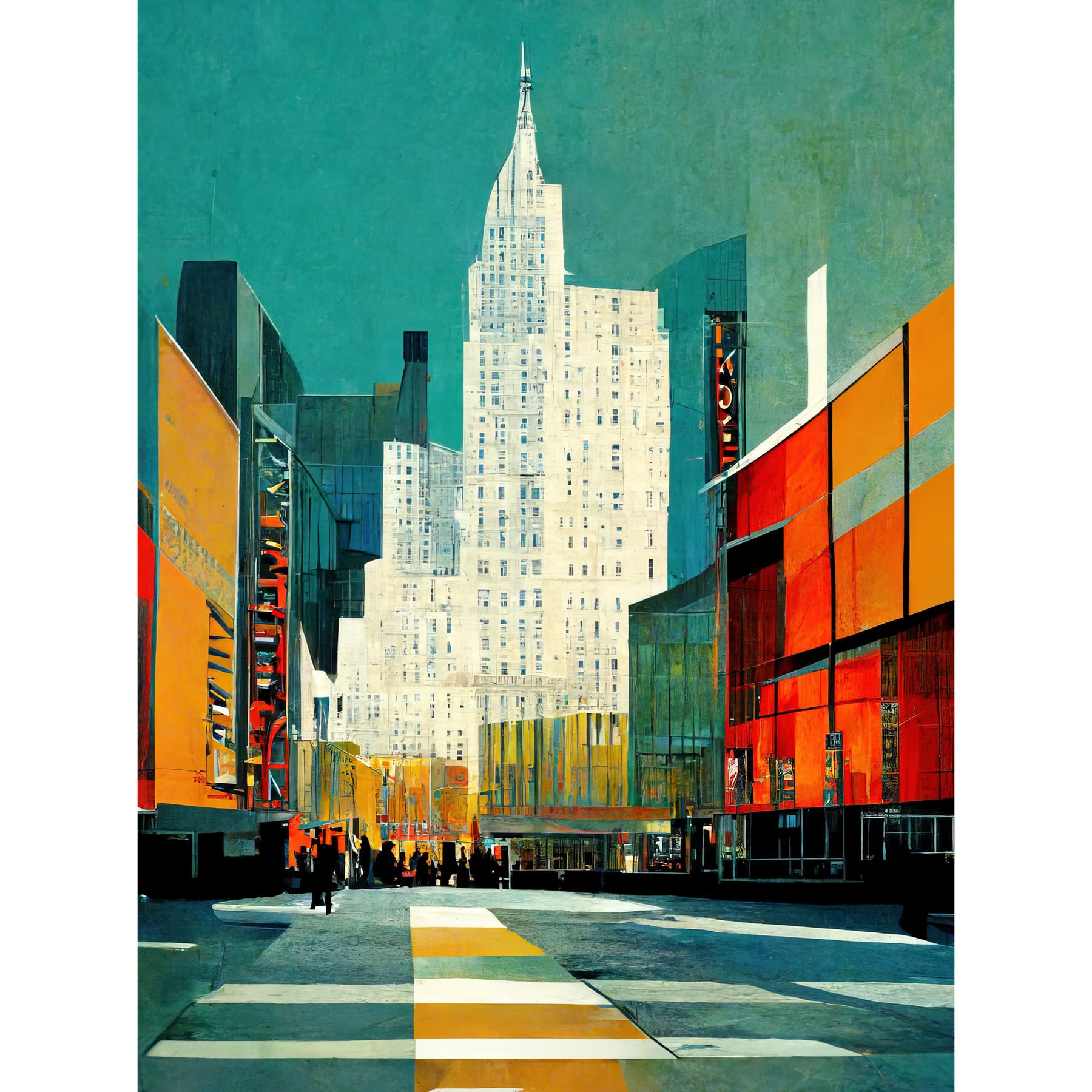 Wee Blue Coo Broadway New York Abstract Midcentury Cityscape Orange Teal Art Print Canvas Premium Wall Decor Poster Mural