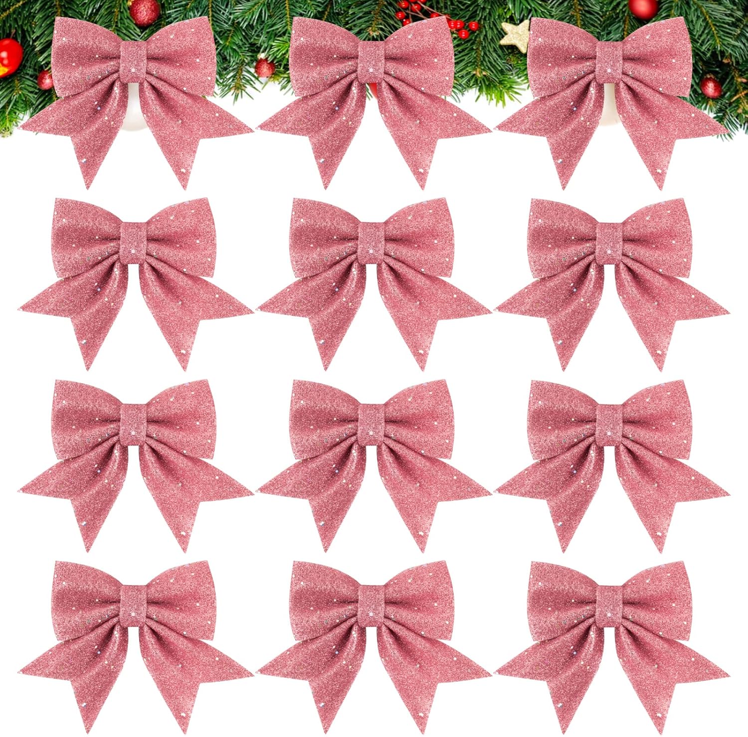 COLOFALLA 12pcs Large Rose Gold Pink Bows for Christmas Tree Decorations Glitter Decorative Bow