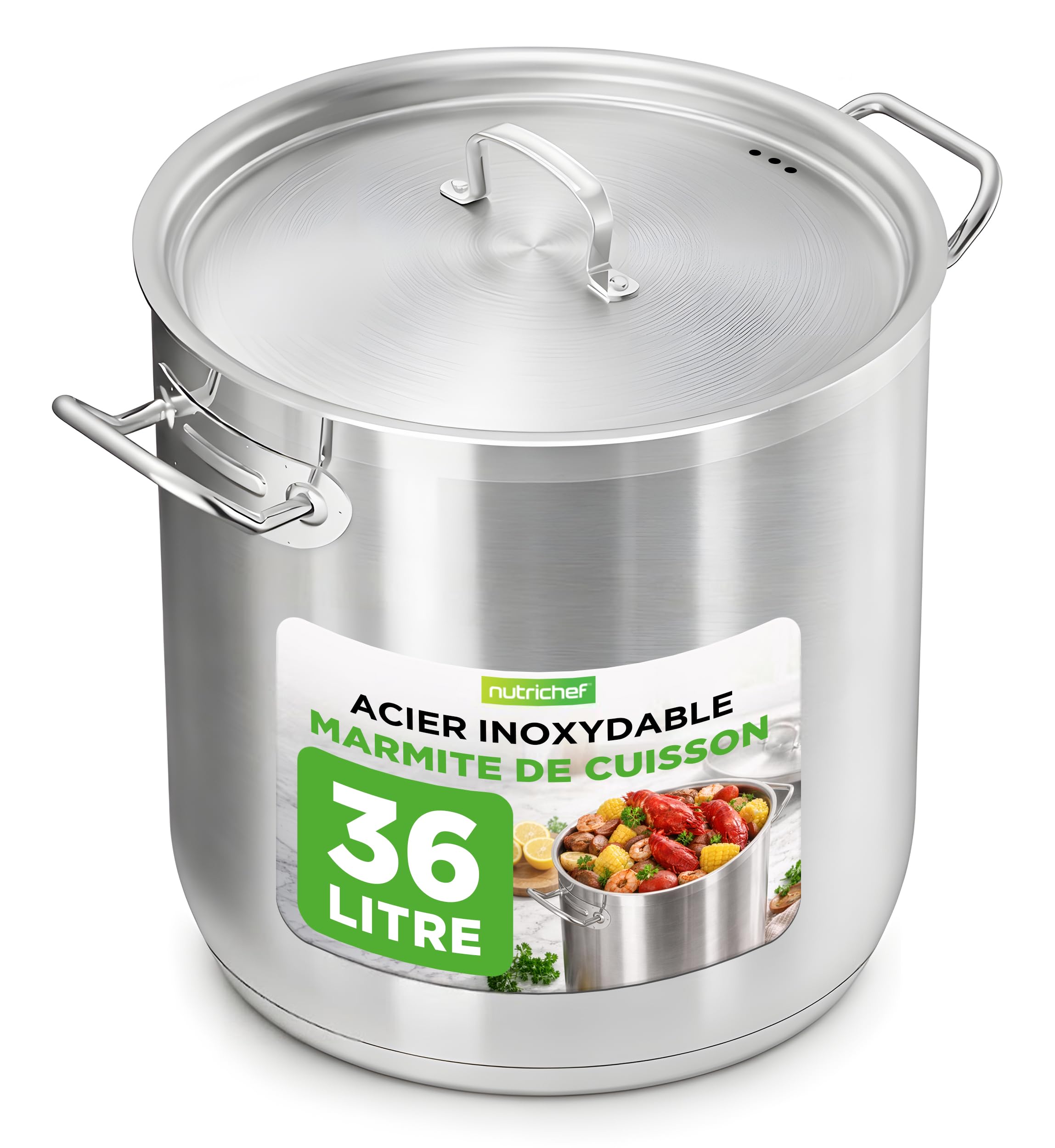Nutrichef Marmite en Acier Inoxydable - 36 L - Marmite Induction avec Couvercle et Poignées Rivetées Solides, Distribution Uniforme de la Chaleur, Compatible avec la Plupart des Plaques de Cuisson