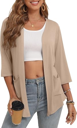 Bettysays Womens 3/4 Sleeve Open Front Cardigan Casual Loose Lightweight Cardigans with Pockets