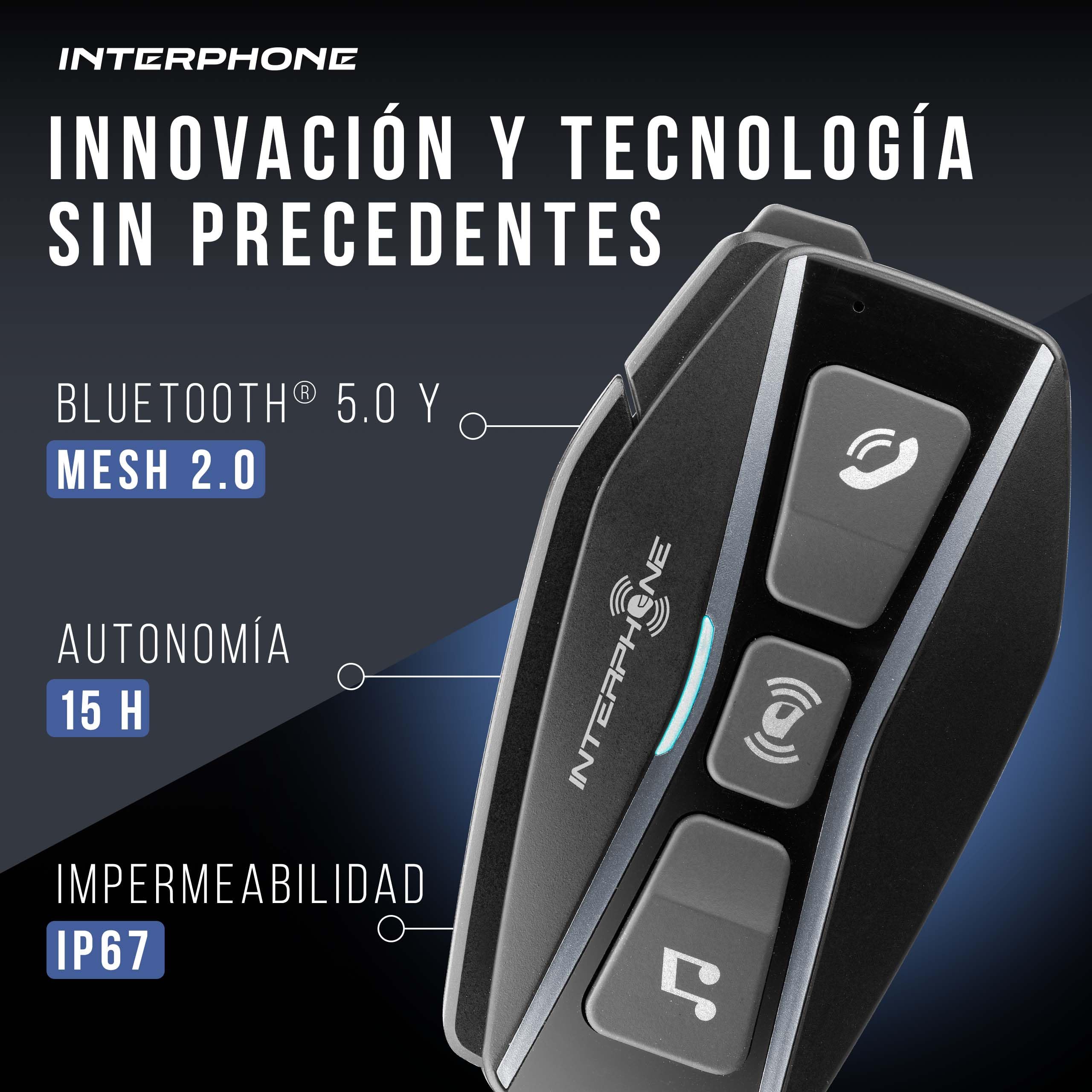 INTERPHONE U-COM 16 Intercomunicador casco moto con tecnología Mesh 2.0 para 24 dispositivos a 1,6 km, intercomunicador con Bluetooth 5.0 para GPS, llamadas y música, intercom, 15 h de autonomía, IP67