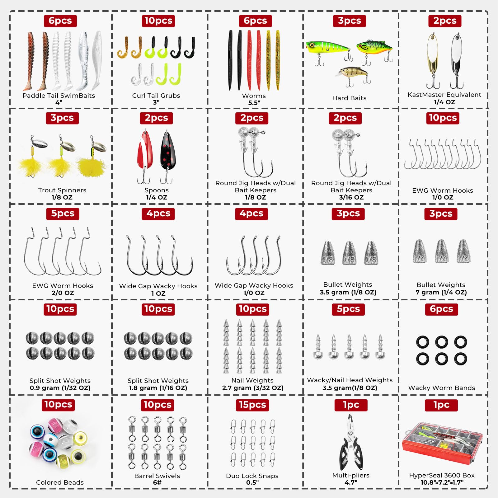 MadBite KastKing Pro - Kit di esche da pesca, 71/143 pezzi, con scatola impermeabile e pinze, approvato dagli esperti per spigola, trota, panfish, 8/13 configurazioni pre-attrezzate per acqua dolce