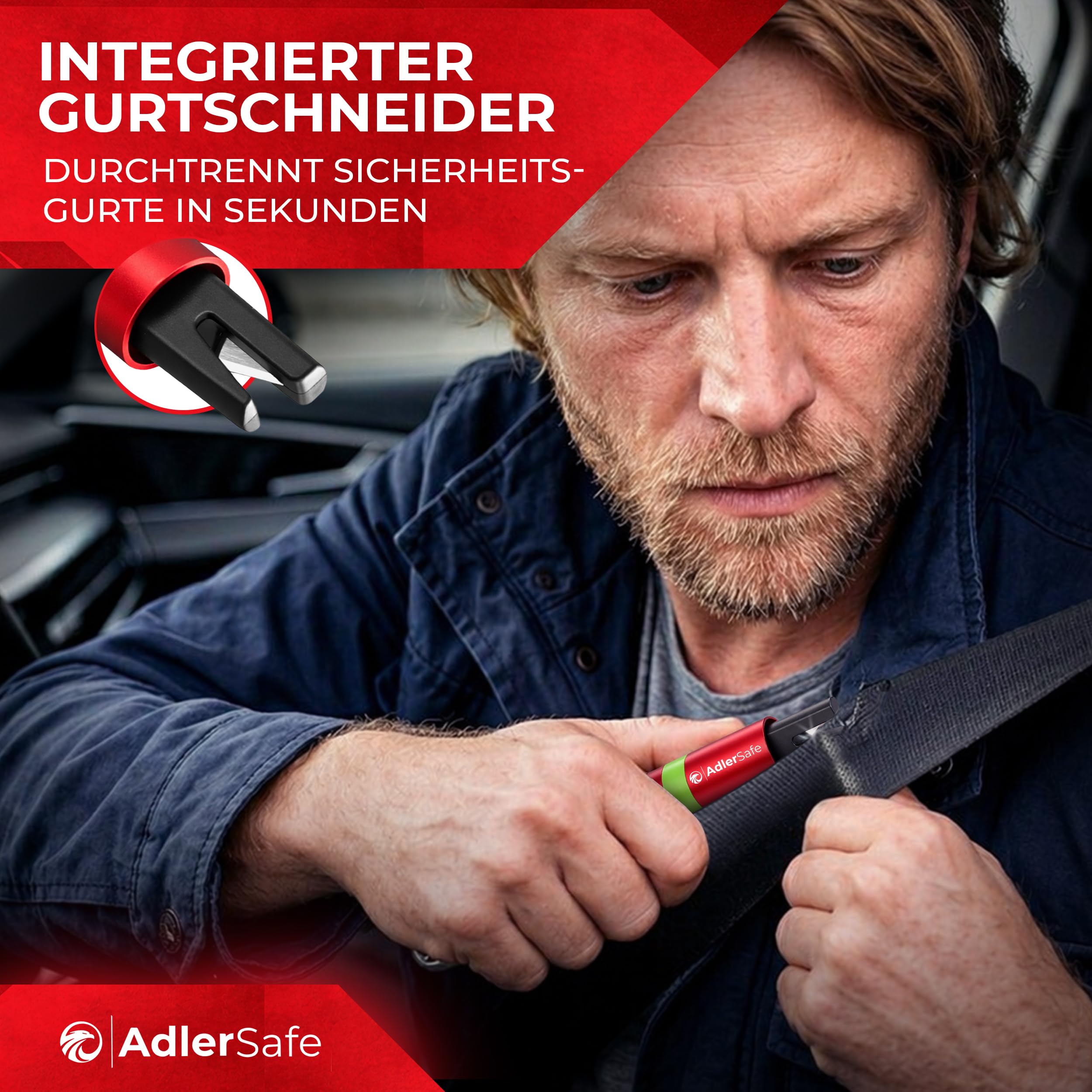 Notfallhammer Auto mit Gurtschneider - Nothammer - Federkörner Glasbrecher zum Lebenretten - Rettungswerkzeug Notfallset für Scheiben - Sicherheitshammer für Unfälle