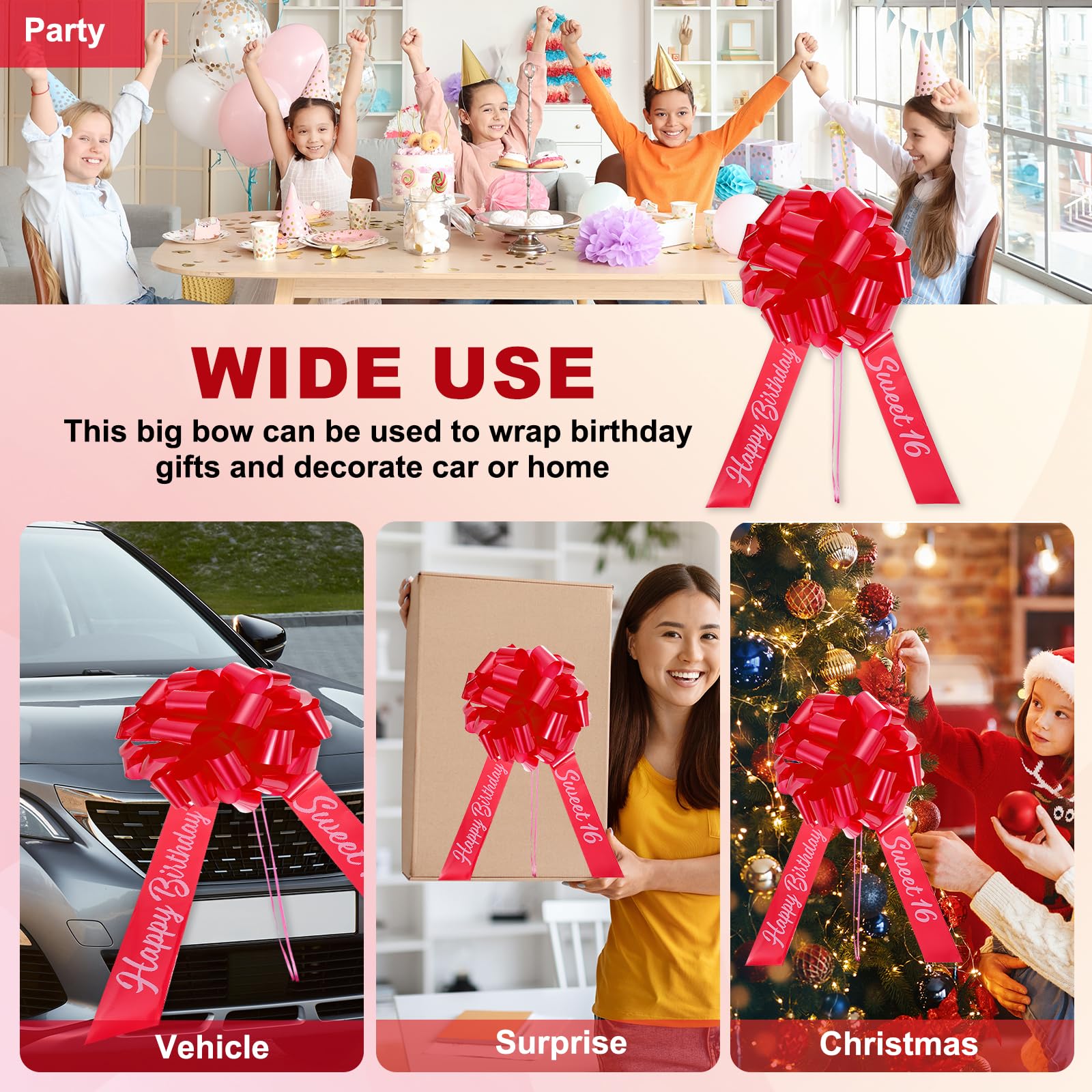 PATIKIL Big Car Pull Bow 25 Pollici, Fiocco Gigante Metallico per Decorazione Auto Regalo Compleanno Confezione Decorazione, Fuchsia Bianco