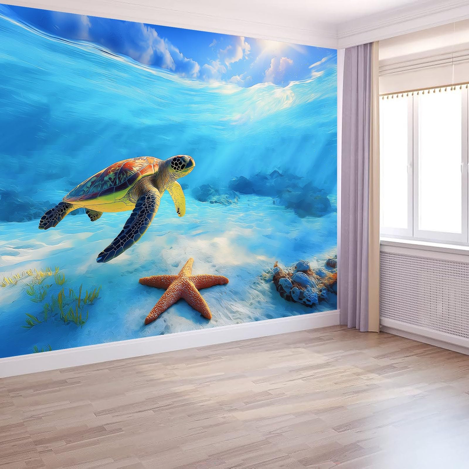 Podwodny świat żółw rozgwiazda tapeta sypialnia dzieci chłopcy tapeta 3D mural, niebieski pokój dla dzieci nastolatków plakat zdjęcie fototapeta pokój tematyczny pokój zabaw 400 x 280 cm