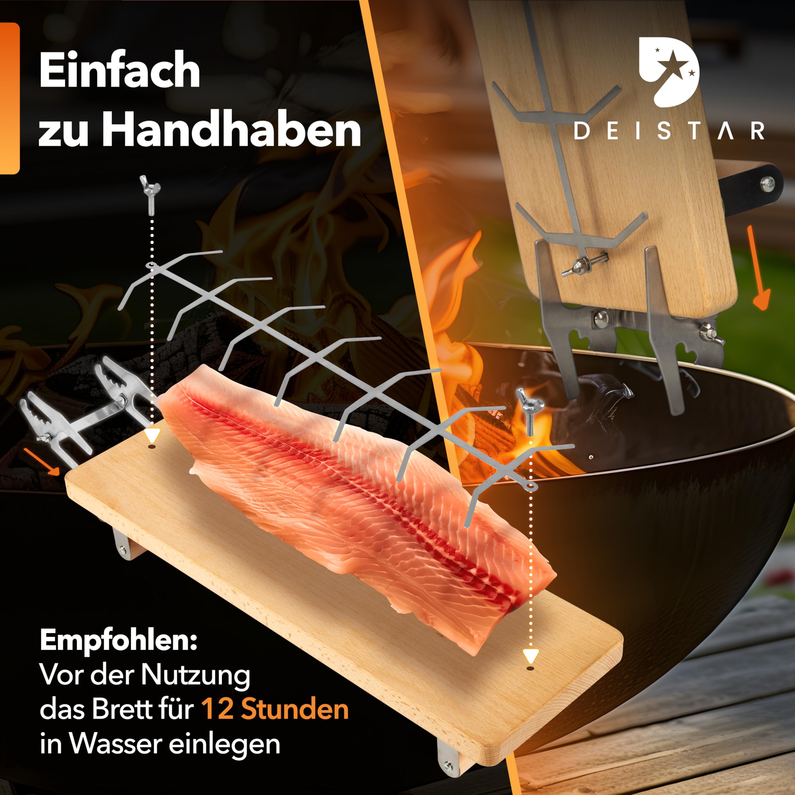 Flammlachsbrett mit Halterung 100% Buchenholz – Edelstahl Halter – 55 cm – Grillbrett für Flammlachs BBQ