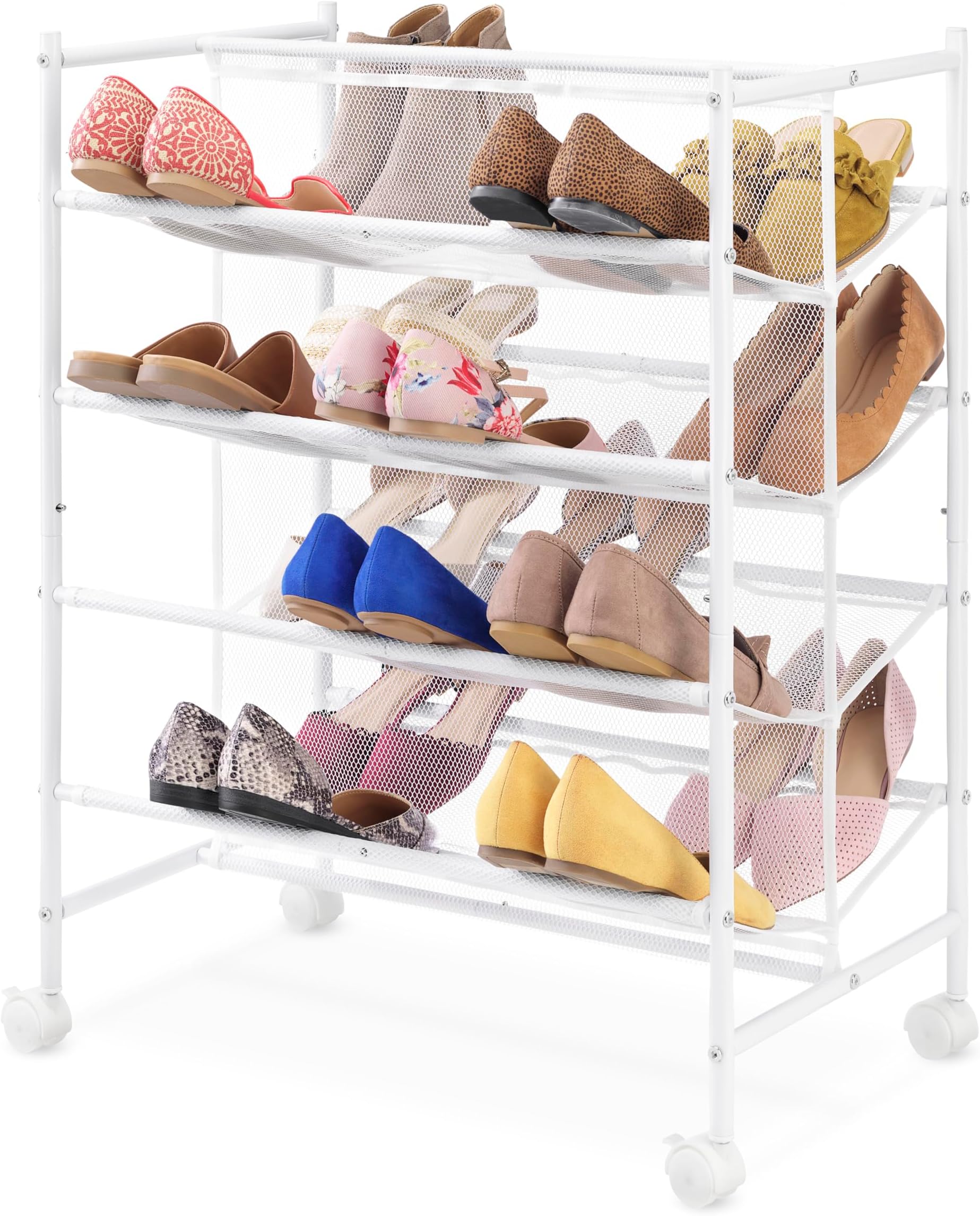 Whitmor 4-Tier Rolling Shoe Cart - Mesh & Metal - Holds up to 30 Pairs of Shoes - Double Sided - White