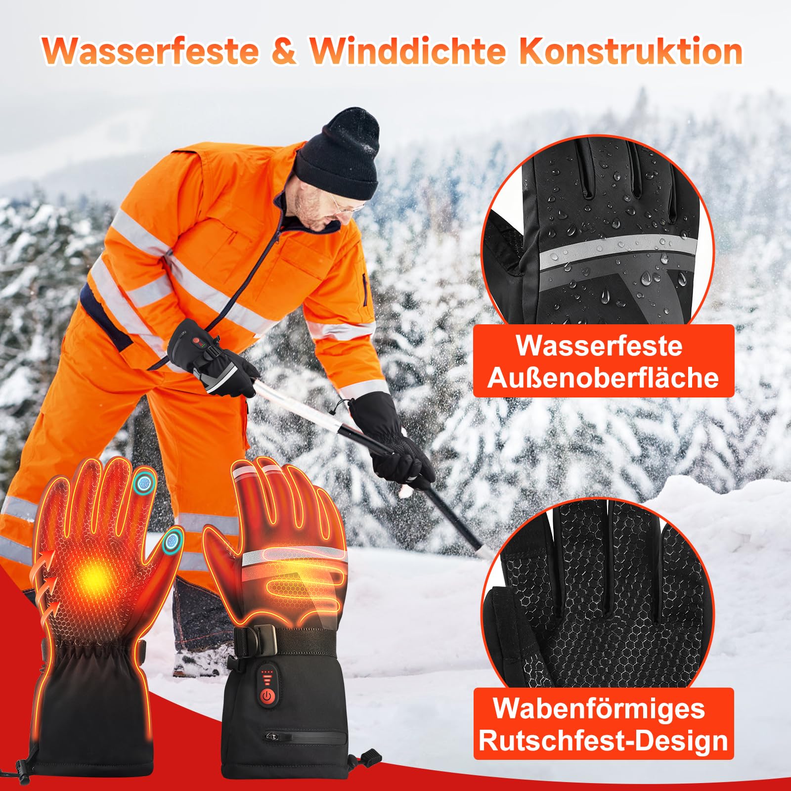 Beheizbare Skihandschuhe mit 7.4V 6400 mAh Akku, 3 Heizstufen, Winterhandschuhe für Skifahren Radfahren Motorrad