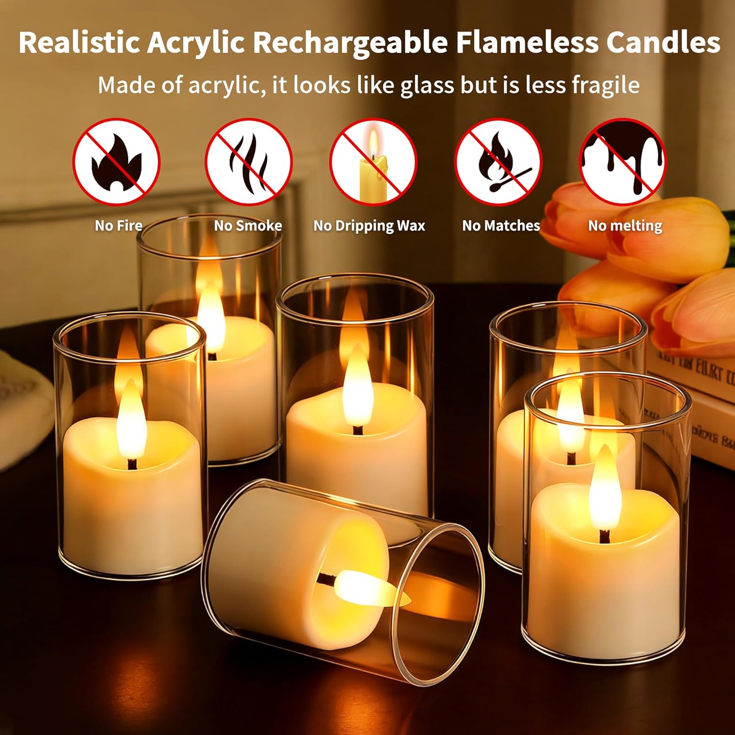 Rechargeable Flameless Candles with Timer Remote, 1.7"x2.6" Clear Acrylic LED Tea Lights Candles，Small Votive Electric LED Candles for Home Aniversary Wedding Holiday Decor(12 Pack)
