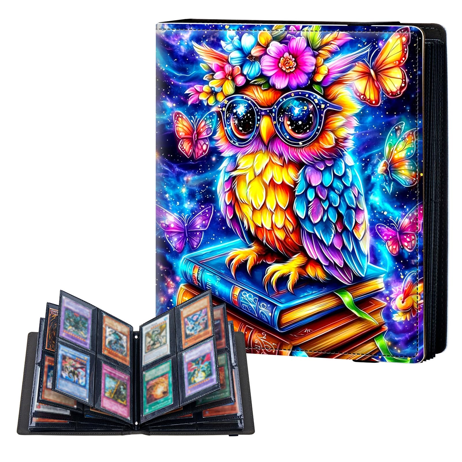 ETLKJVBL 4 Pocket Trading Card Binder, Card Collection Binder for TCG, MTG, Sports Cards, Baseball, Owl with Large Glass and Flower Trading Card Book Holder for Collectors, Top Loader Binder — image 1