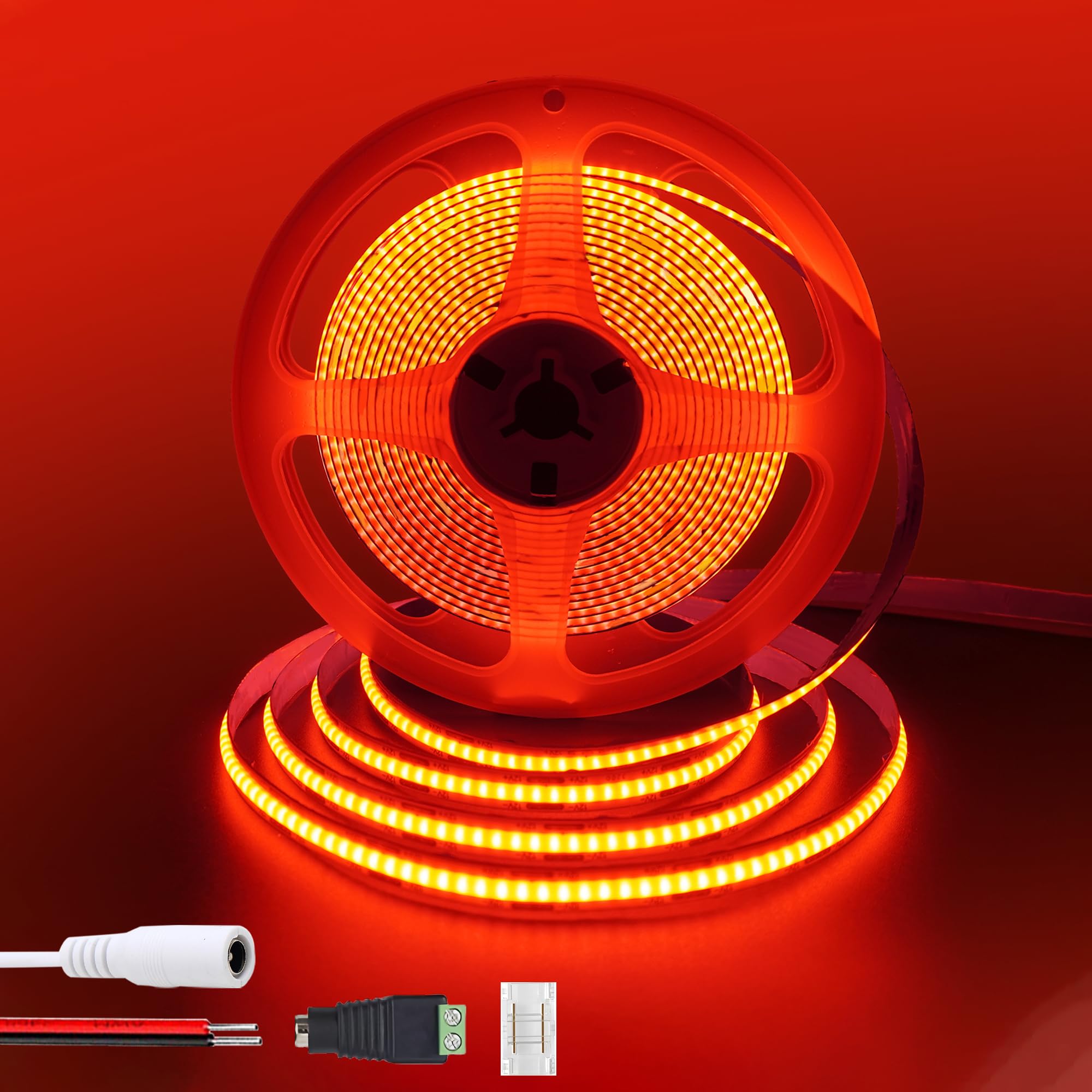 Clearhill 12V COB LED Strip Lights 6.56FT/2M(No Power Supply),Red,320LEDs/M,with 5521DC Female and red and Black Wire Connectors,8mm Width,IP20,for DIY Home Indoor Decoration
