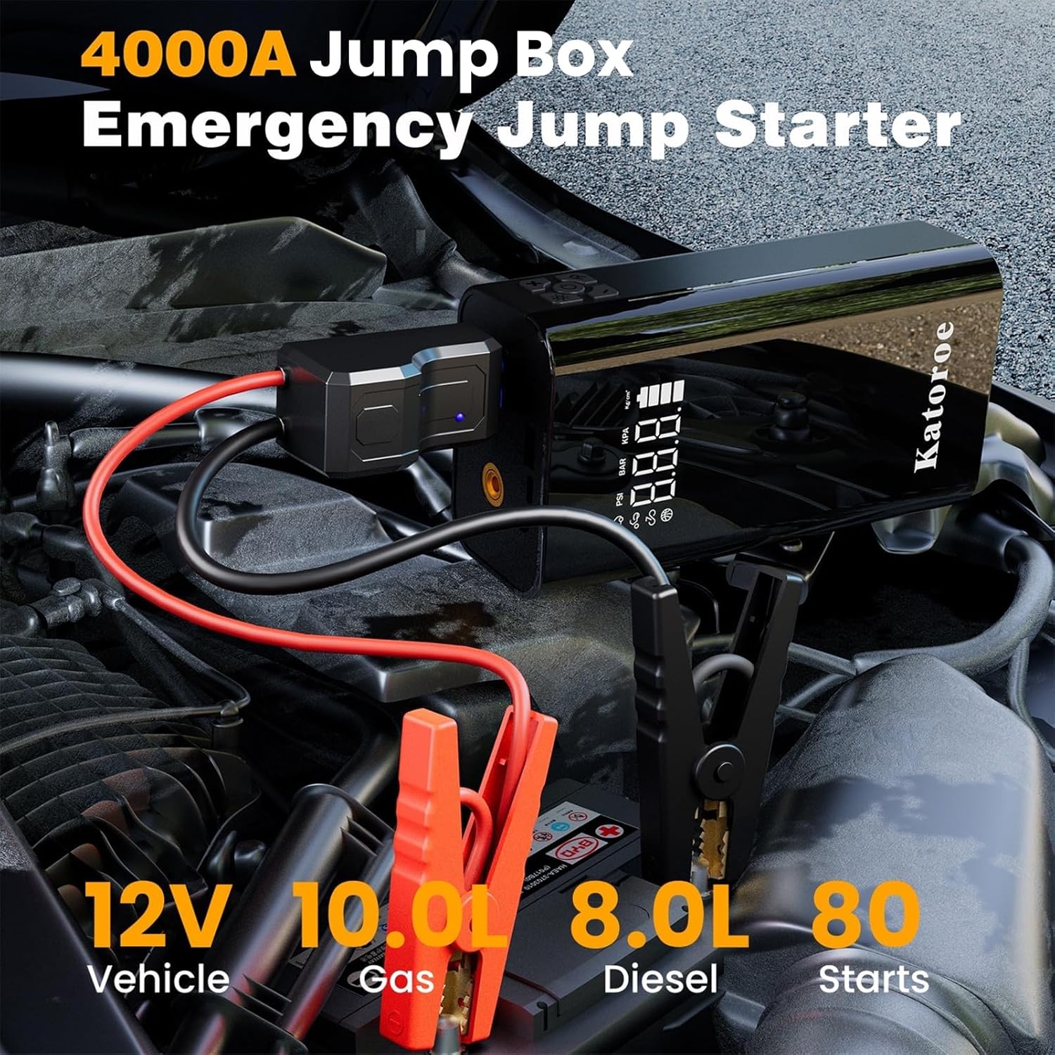 katoroe Q7-4000A Jump Starter connected to a car battery