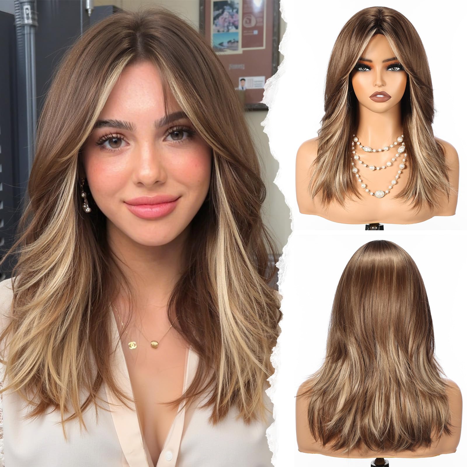 WOKESTAR Natural Long Wigs for Women with Fringe Synthetic Heat Resistant Hair Brown with Highlights Wig for Daily Party Cosplay Use