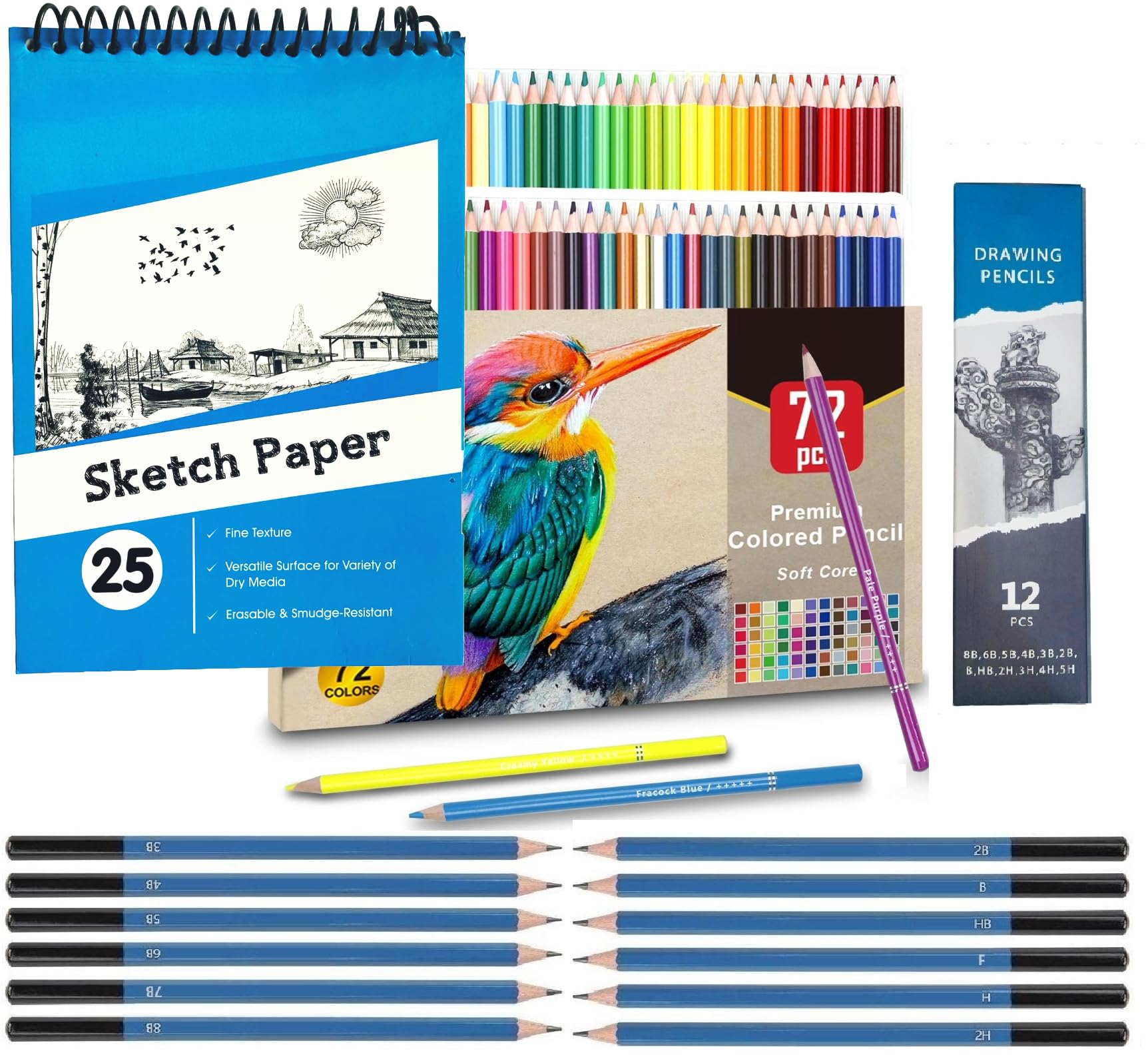 Corslet Set of 85 Art Supplies Drawing Kit 72 Colour Pencils Set 12 Pc Drawing Pencils Sketch Pencil Set & A5 Sketch Book 25 Sheets 50 Pages Pencil Colours for Sketching Shading Charcoal Pencil Adults