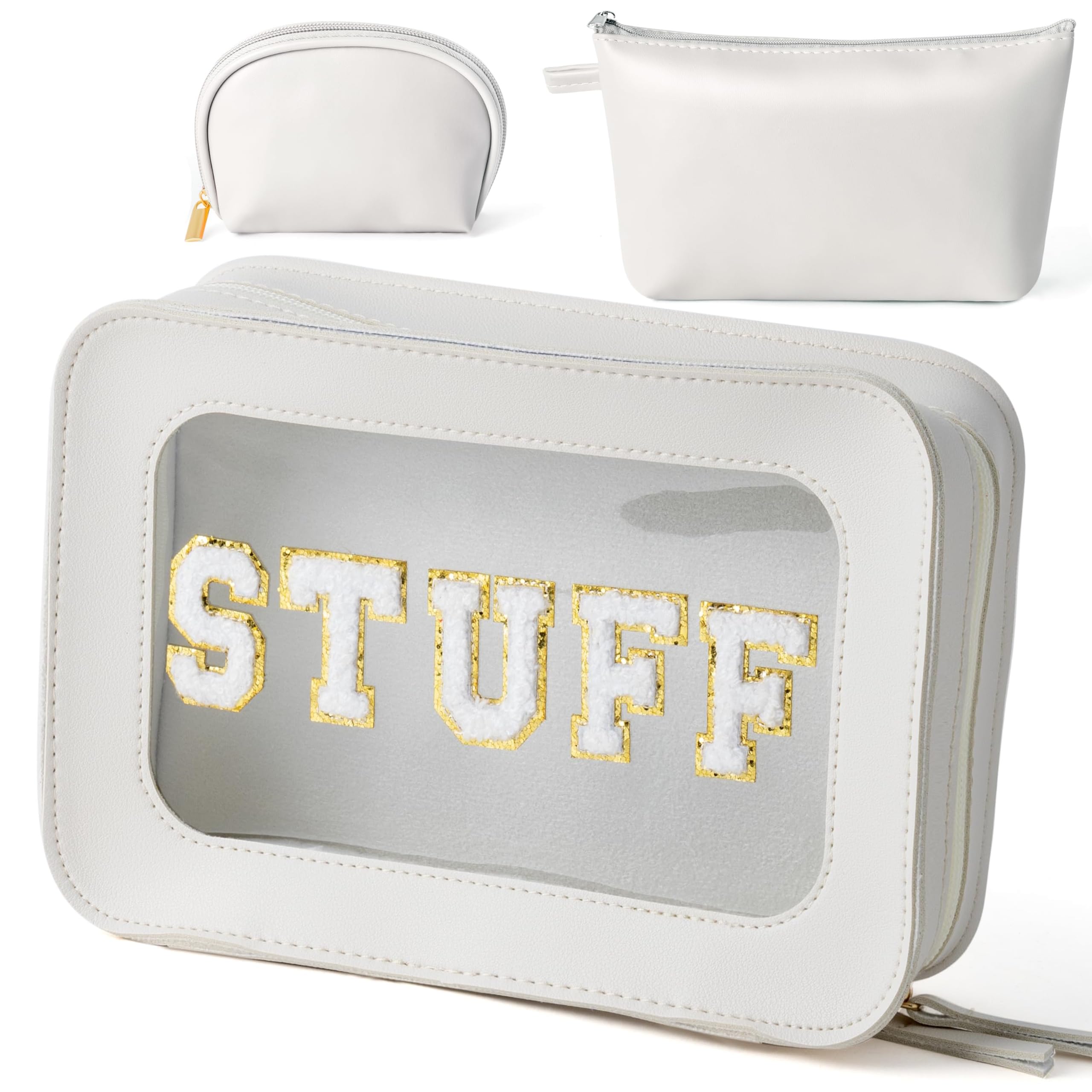 Y1tvei 3Pcs Travel Clear Makeup Bag with Makeup Brush Bag, Leather Makeup Case Toiletry Bag, Portable Cosmetic Bag Case